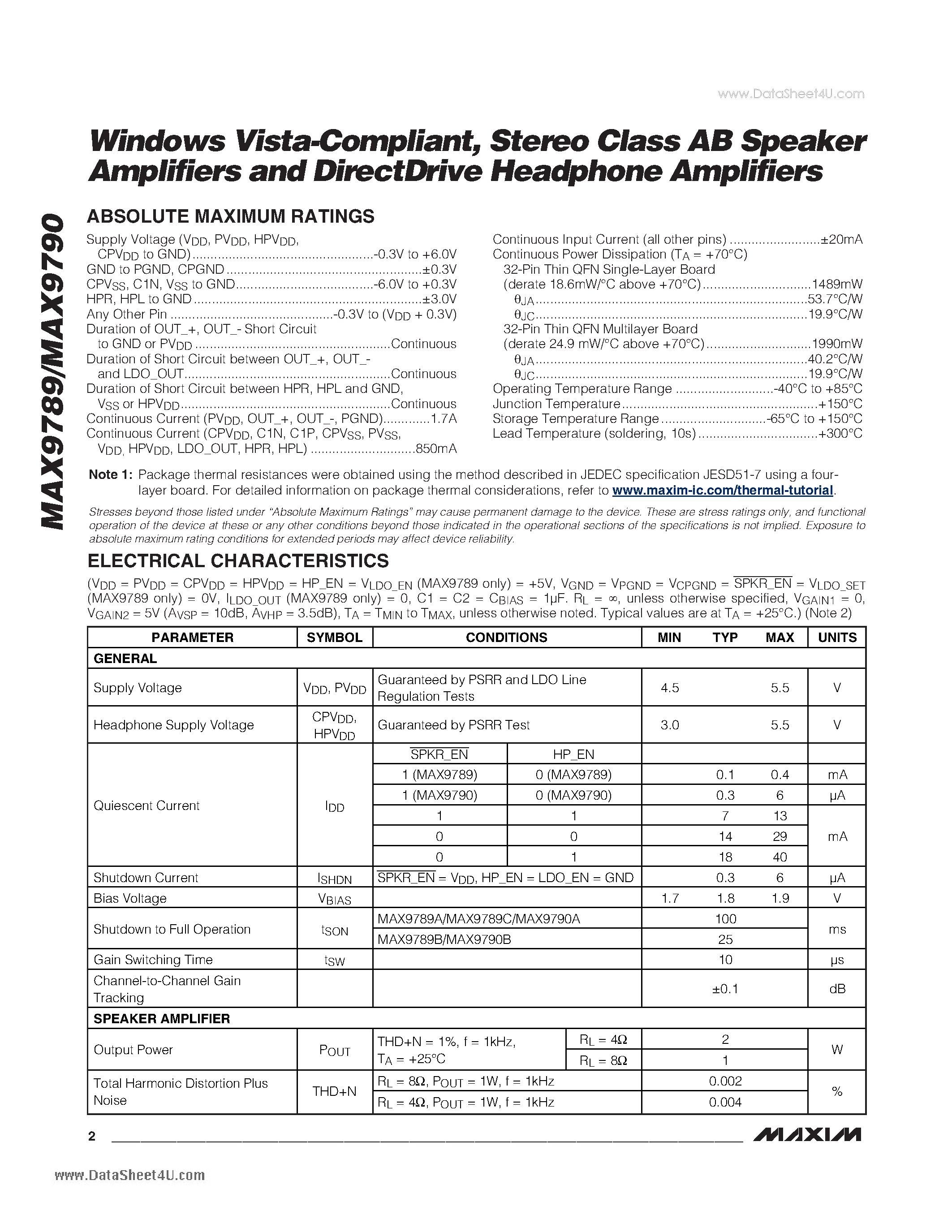Даташит MAX9789 - Windows Vista-Compliant Stereo Class AB Speaker Amplifiers and DirectDrive Headphone Amplifiers страница 2