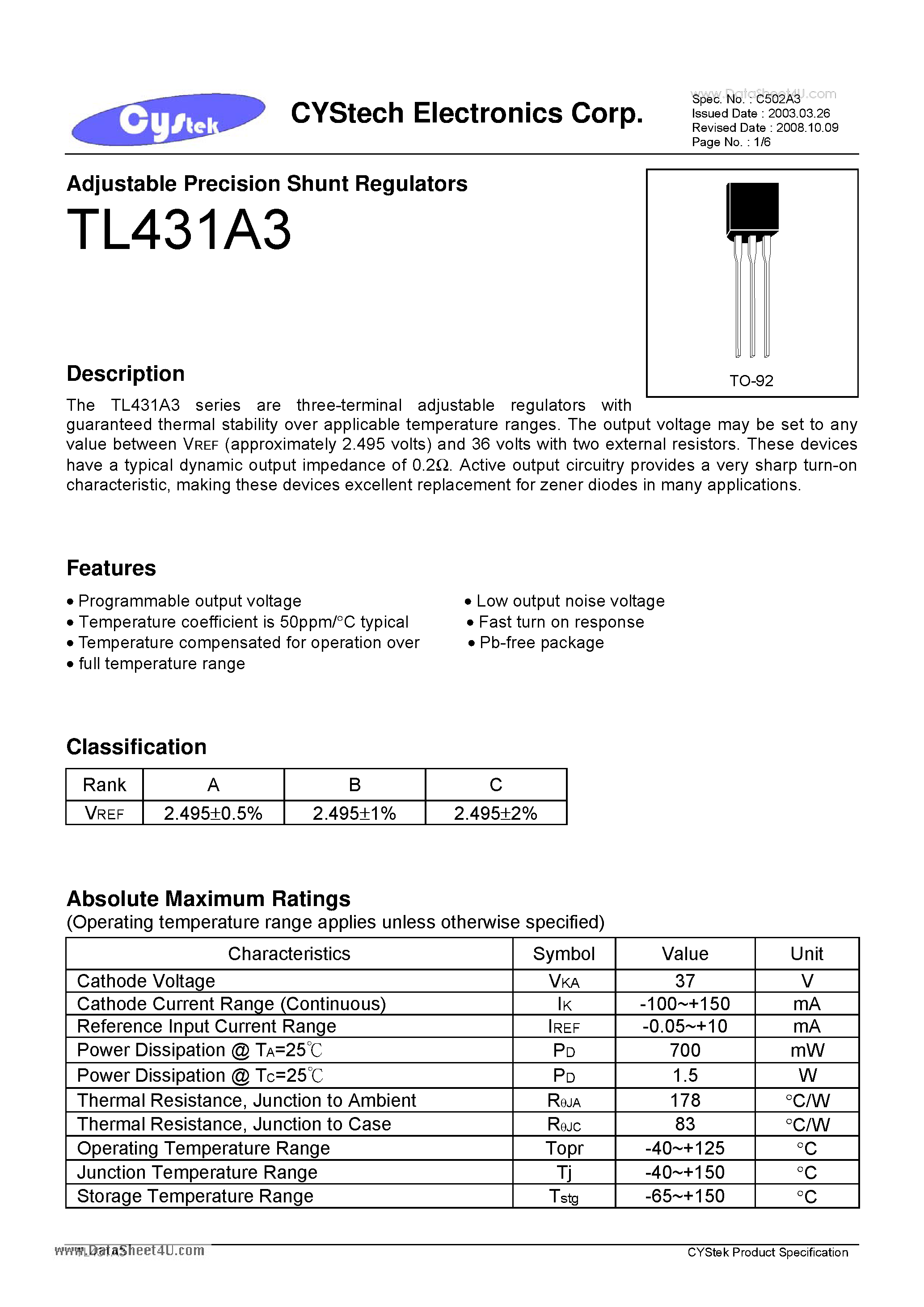 Datasheet TL431A3 - Adjustable Precision Shunt Regulators page 1