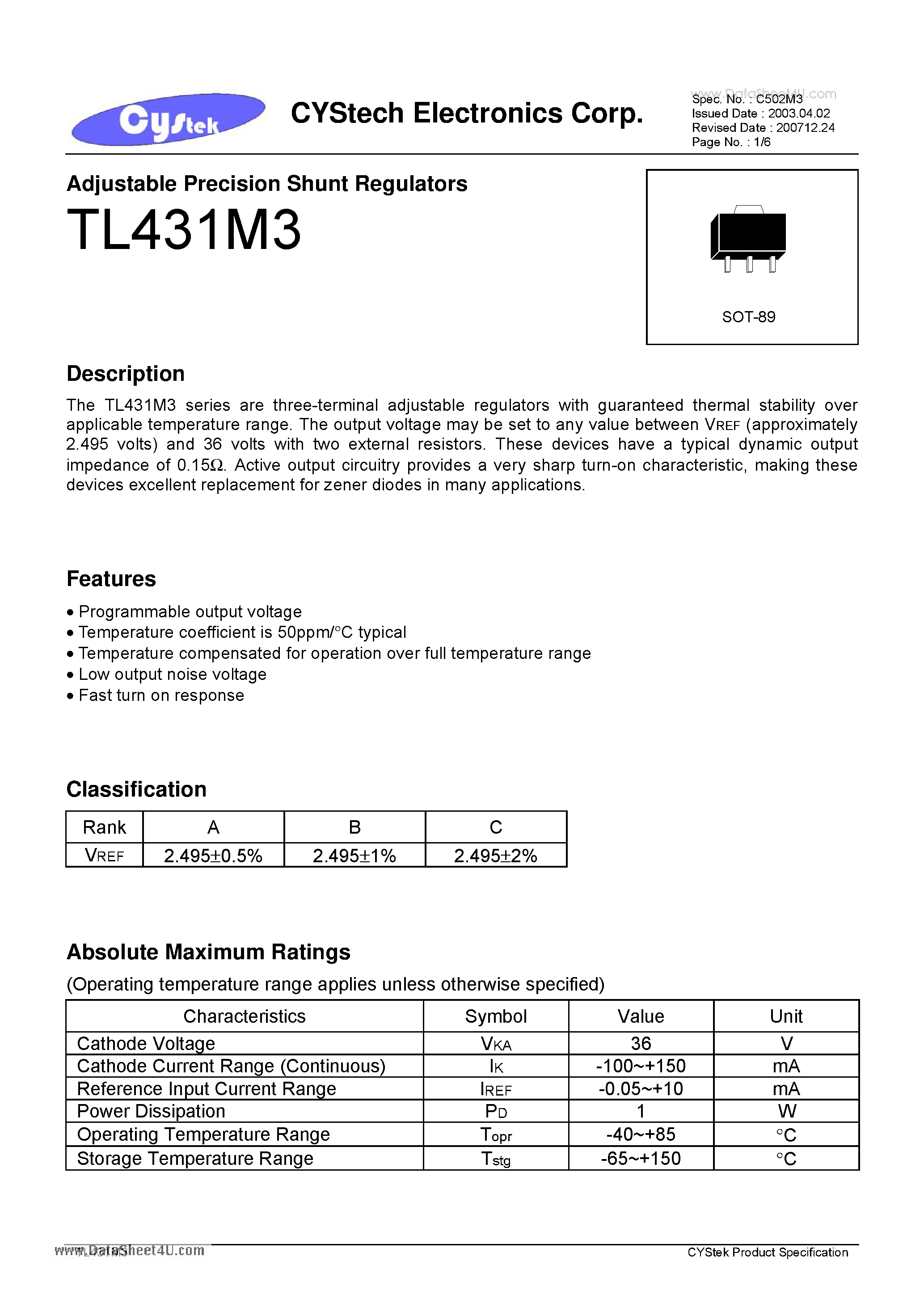 Даташит TL431M3 - Adjustable Precision Shunt Regulators страница 1