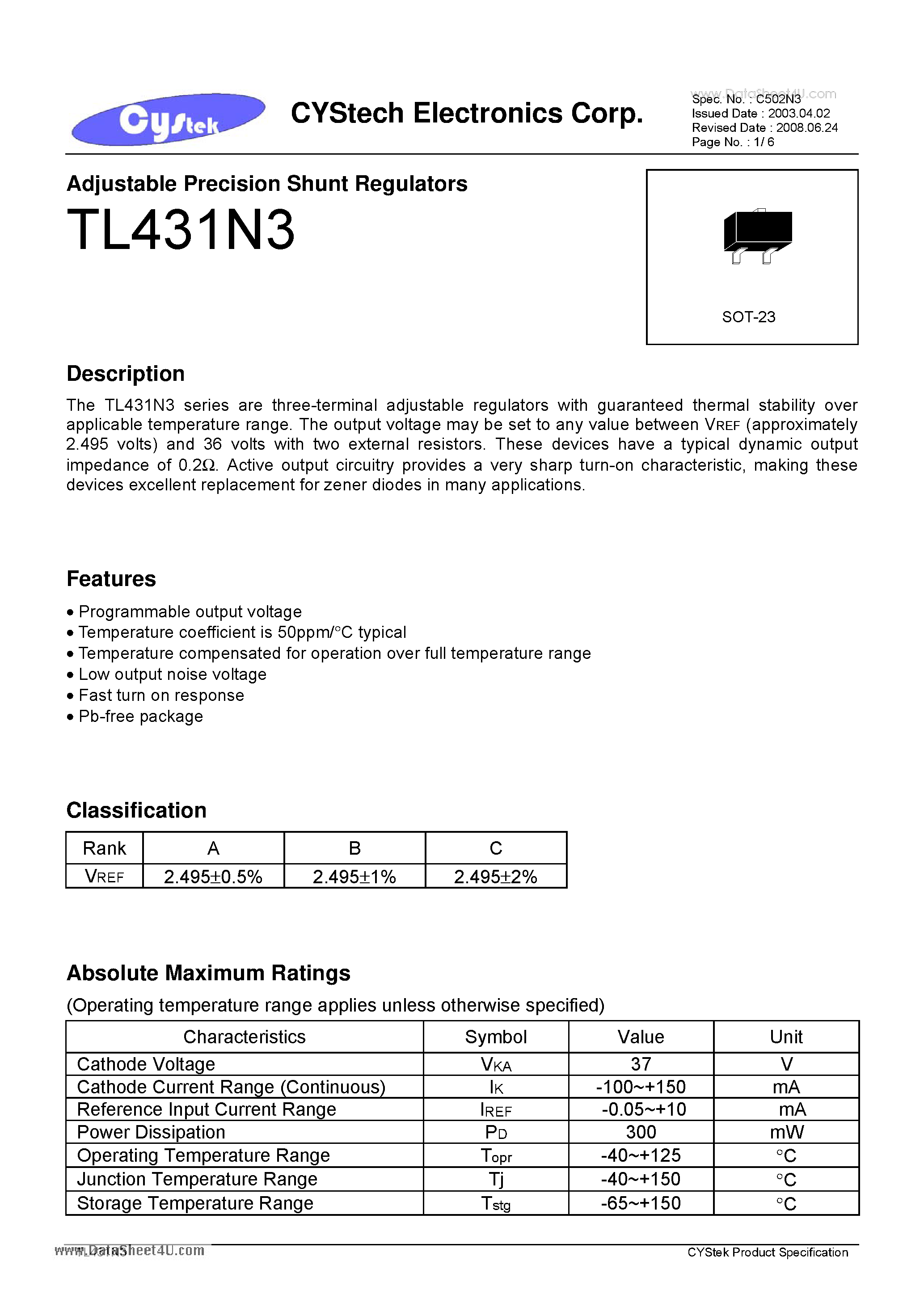 Datasheet TL431N3 - Adjustable Precision Shunt Regulators page 1