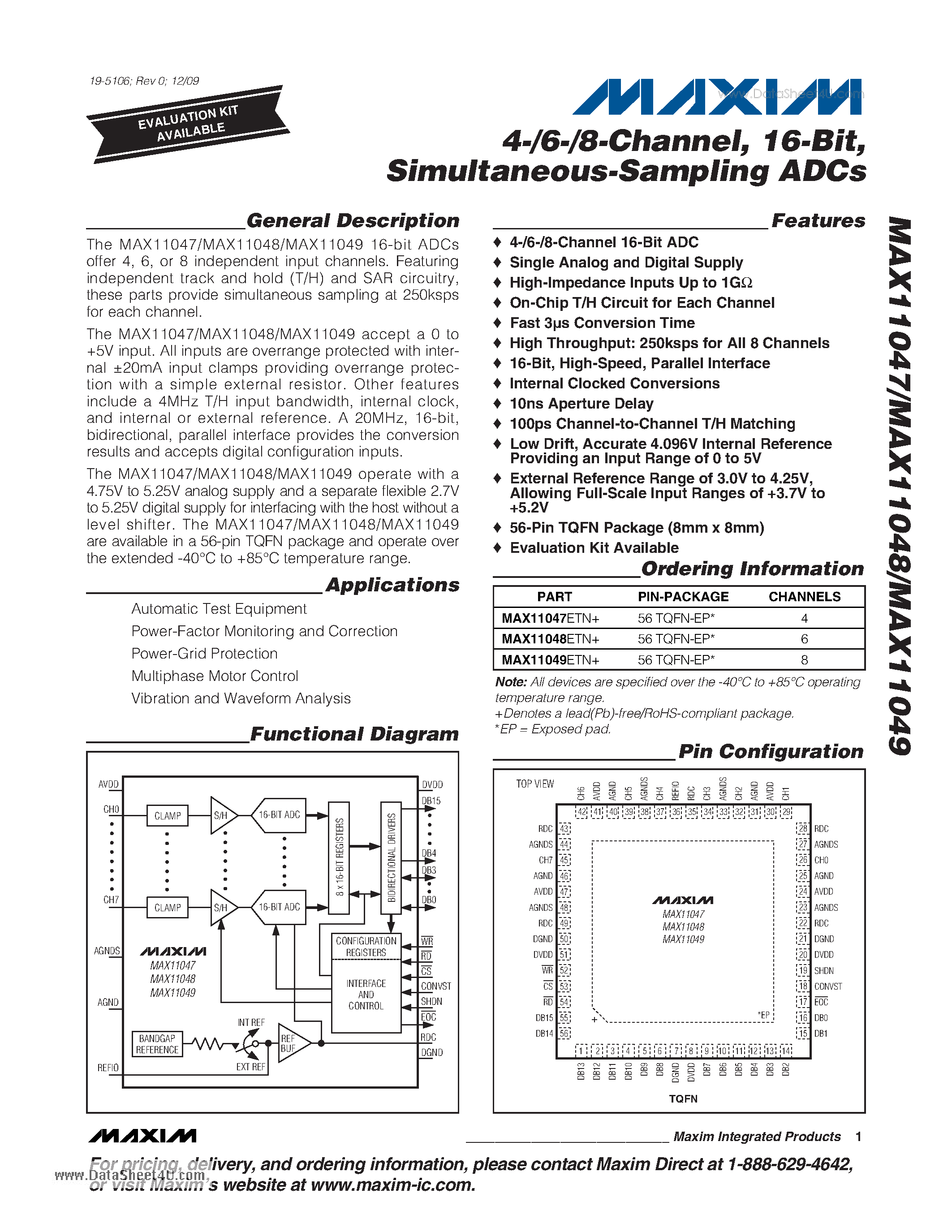 Datasheet MAX11047 - 4-/6-/8-Channel 16-Bit Simultaneous-Sampling ADCs page 1