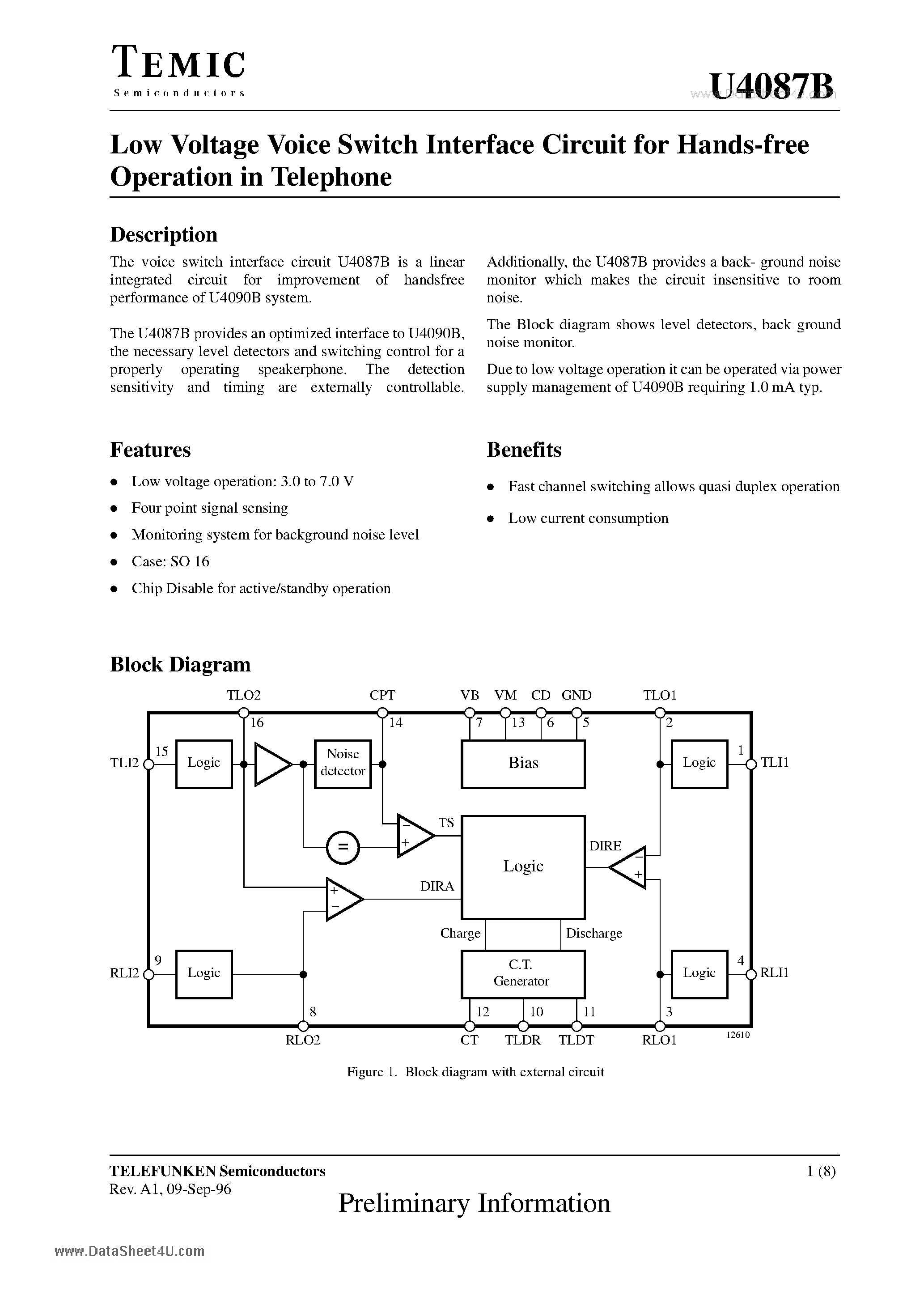 Datasheet U4087B - Low Voltage Voice Switch Interface Circuit page 1