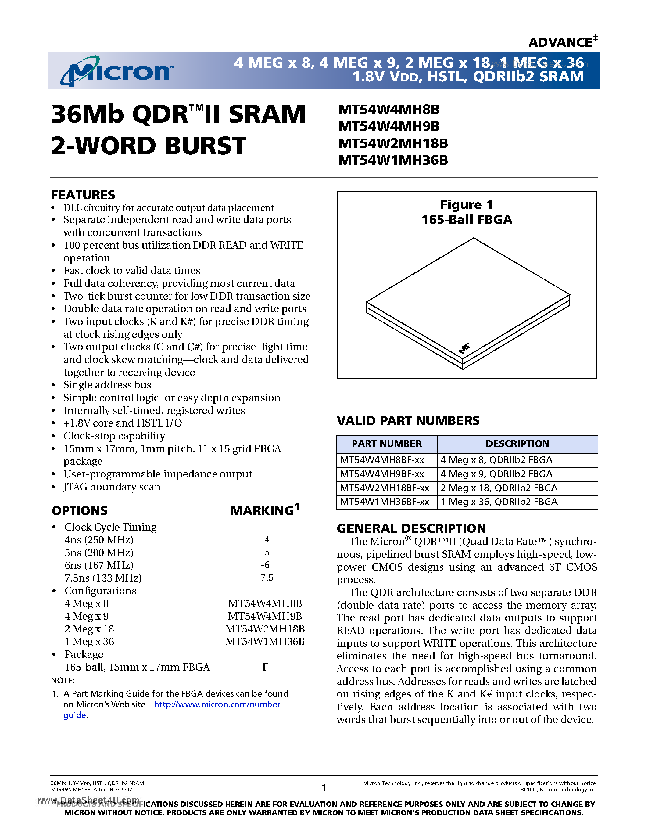 Datasheet MT54W1MH36B - SRAM 2-WORD BURST page 1