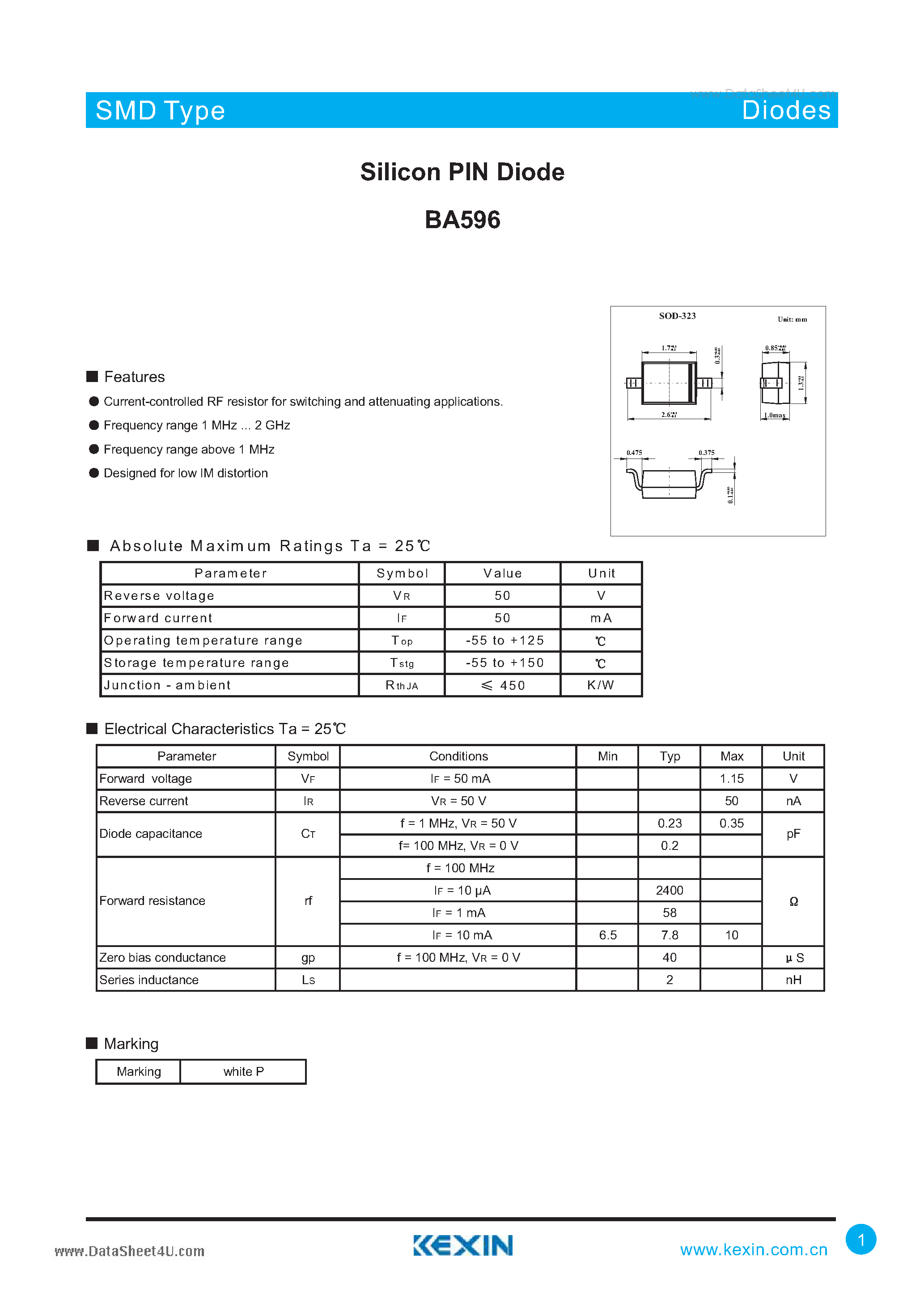 Datasheet BA596 page 1 Datasheet BA596 - Silicon PIN Diode page 1