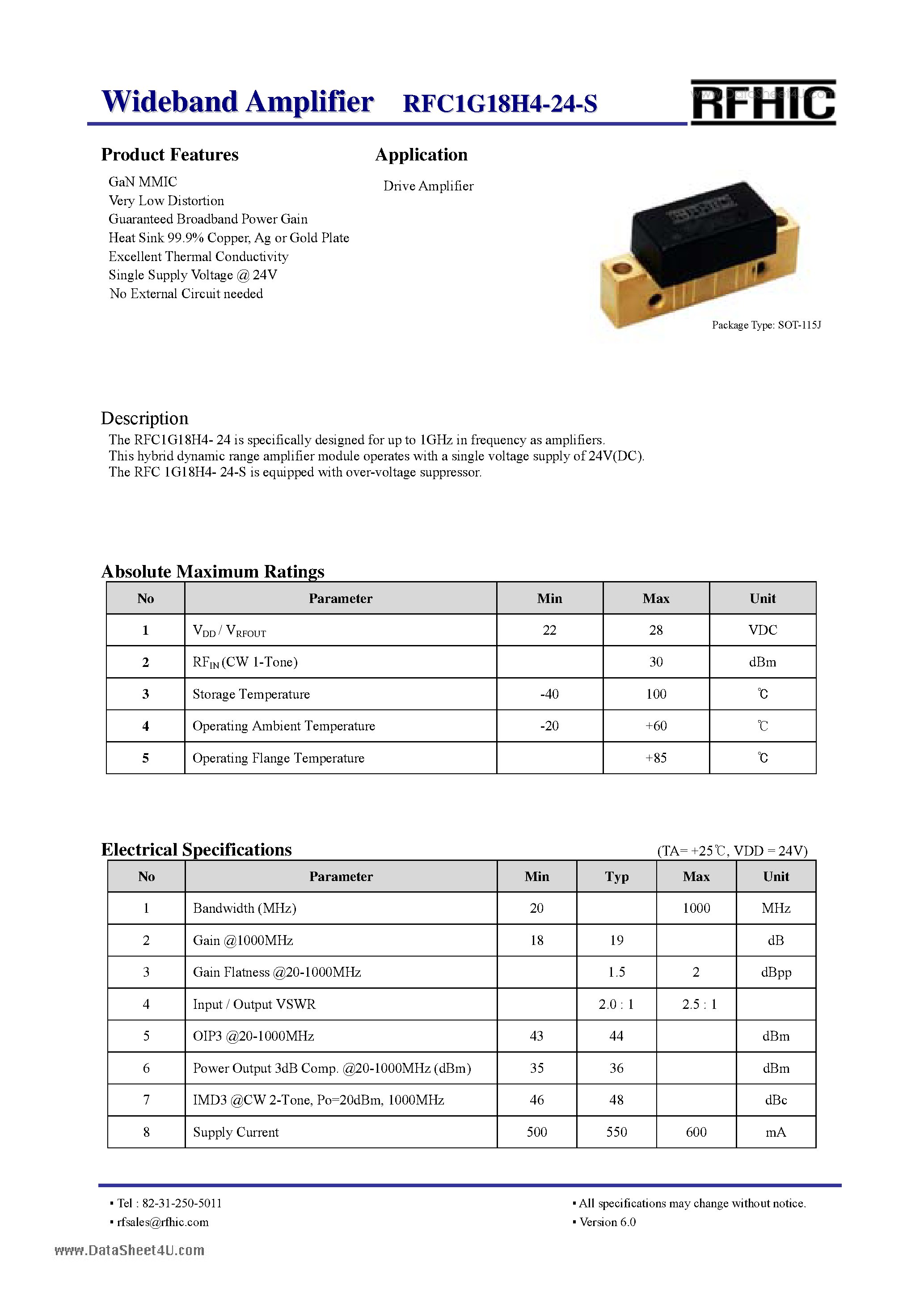 Datasheet RFC1G18H4-24-S - Wideband Amplifier page 1
