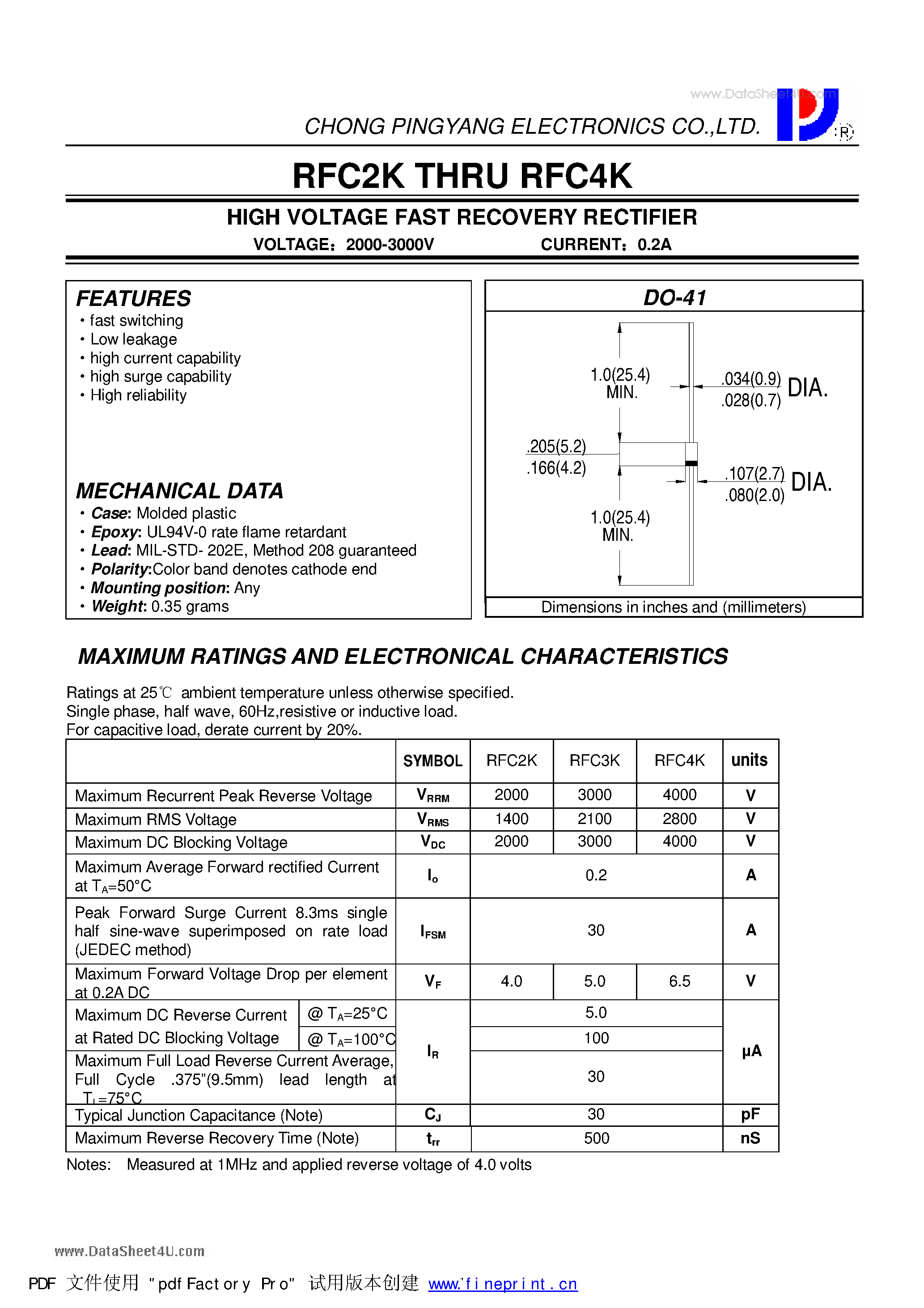 Даташит RFC2K - (RFC2K - RFC4K) HIGH VOLTAGE FAST RECOVERY RECTIFIER страница 1