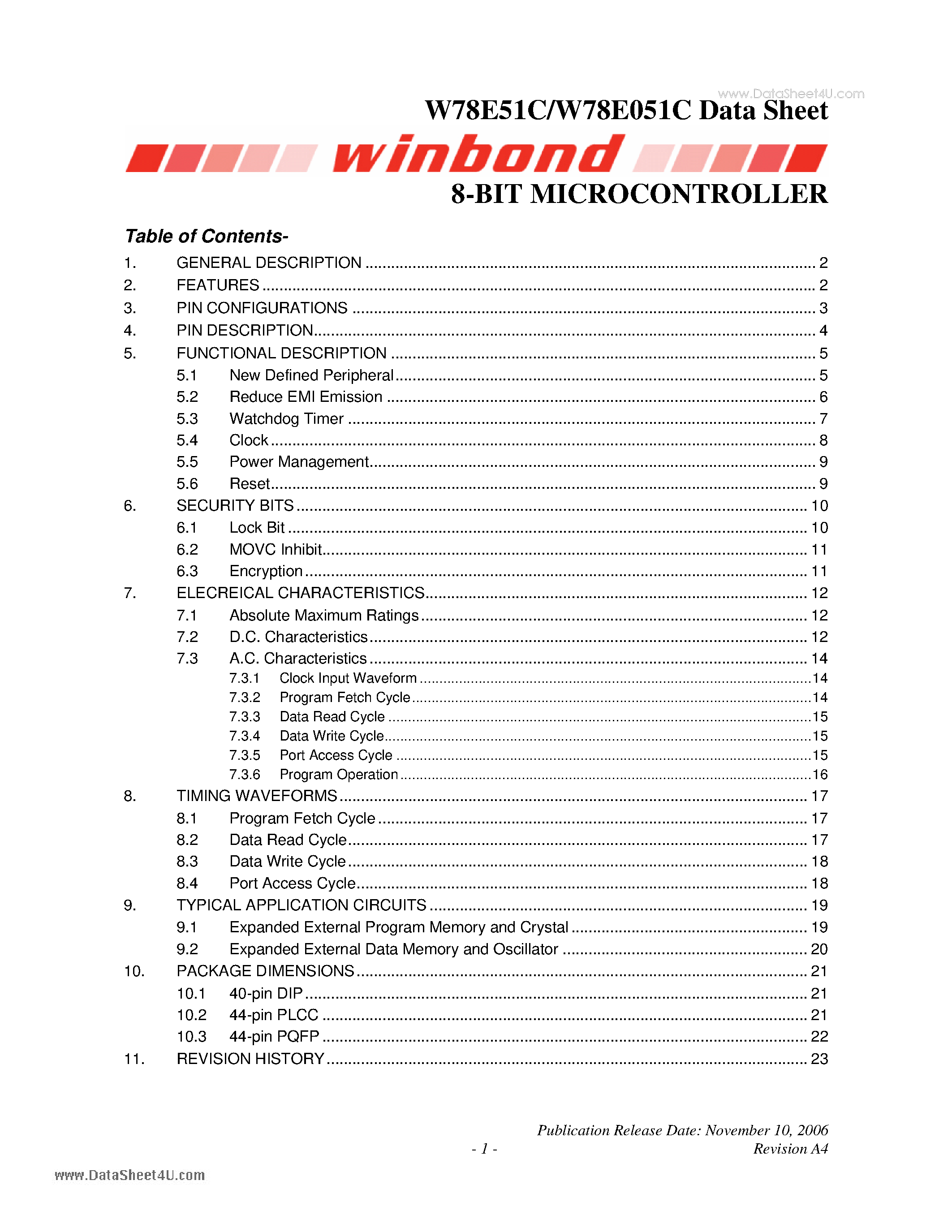 Datasheet W78E051C - 8-BIT MICROCONTROLLER page 1