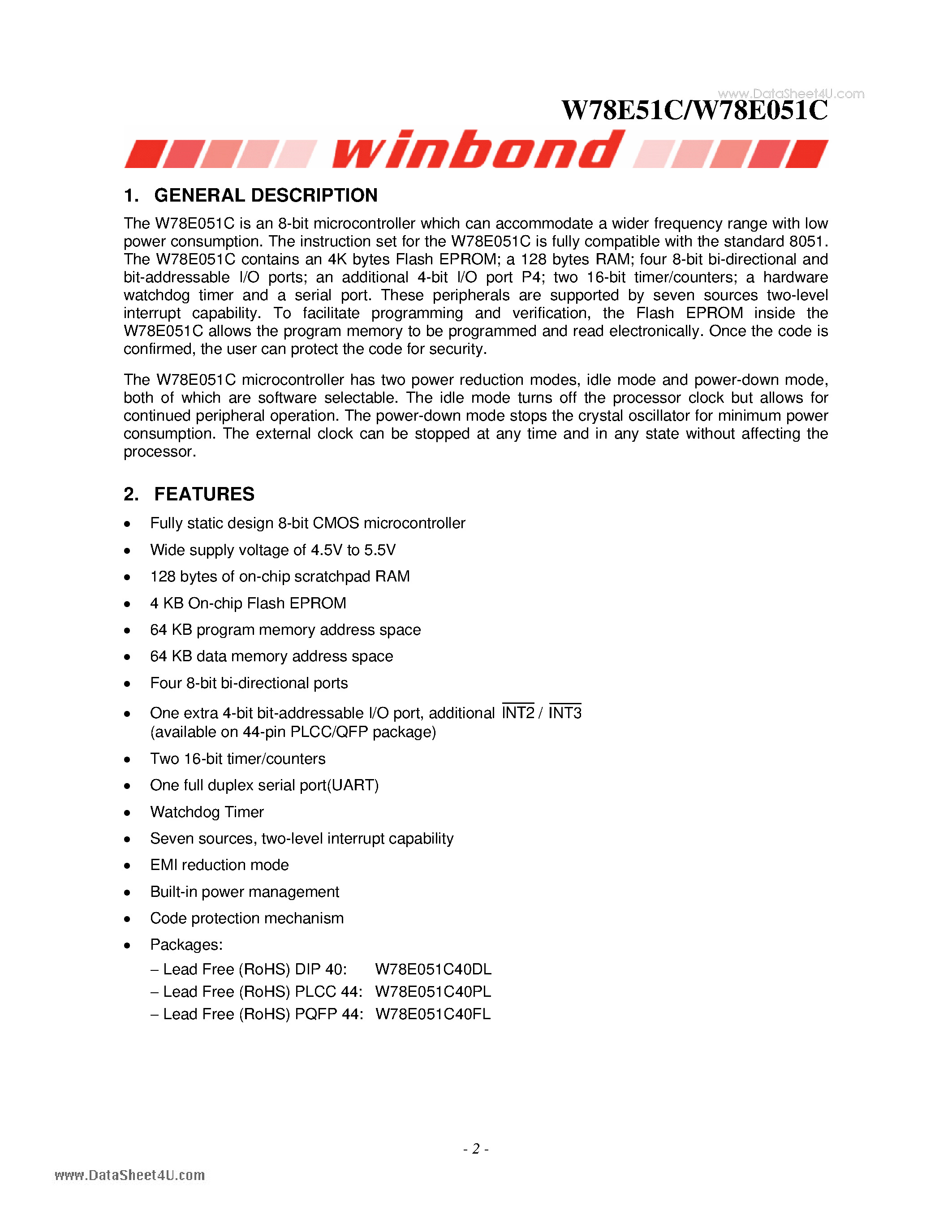 Datasheet W78E051C - 8-BIT MICROCONTROLLER page 2