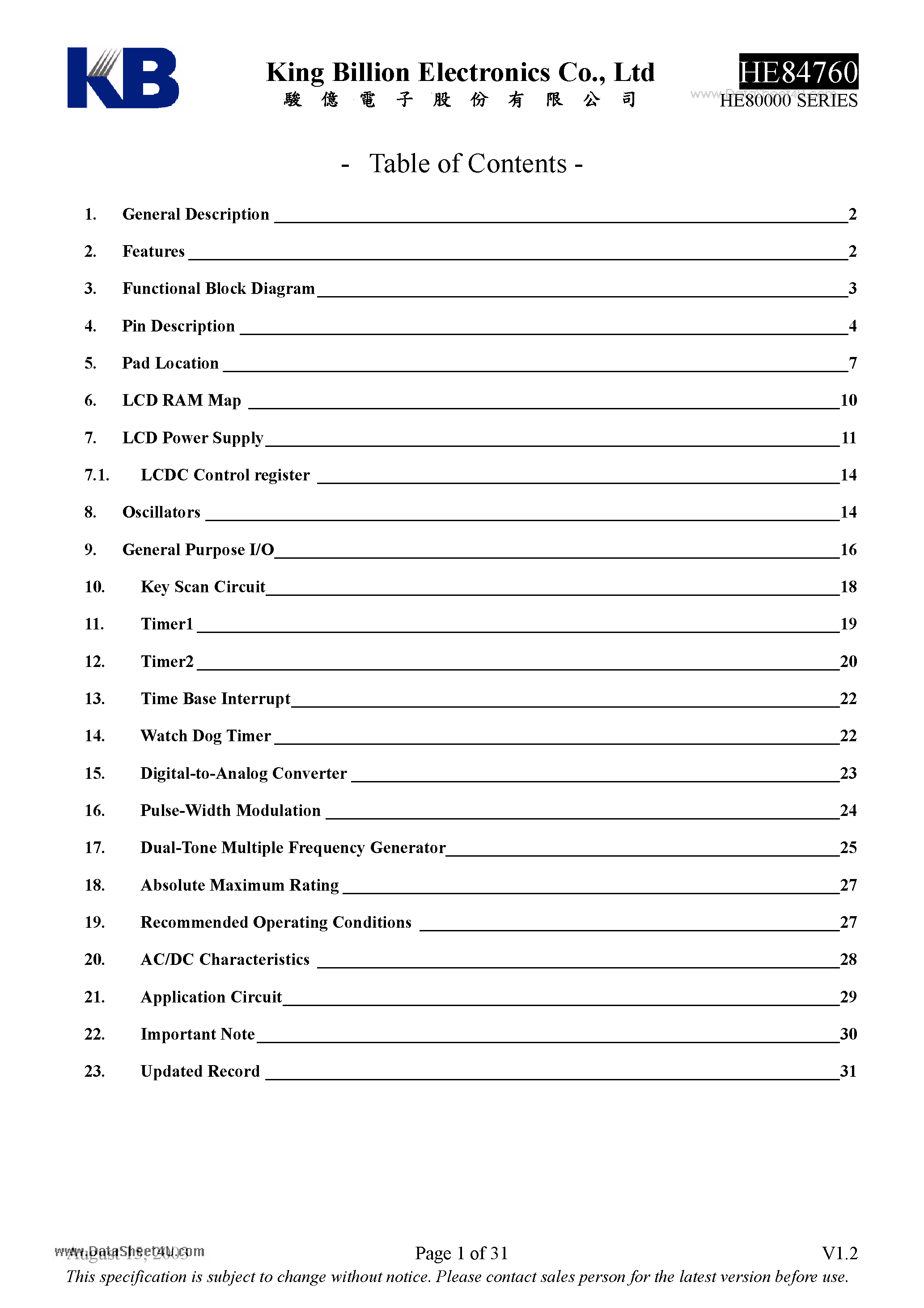 Datasheet HE84760 - 8-bit Micro-controller page 1