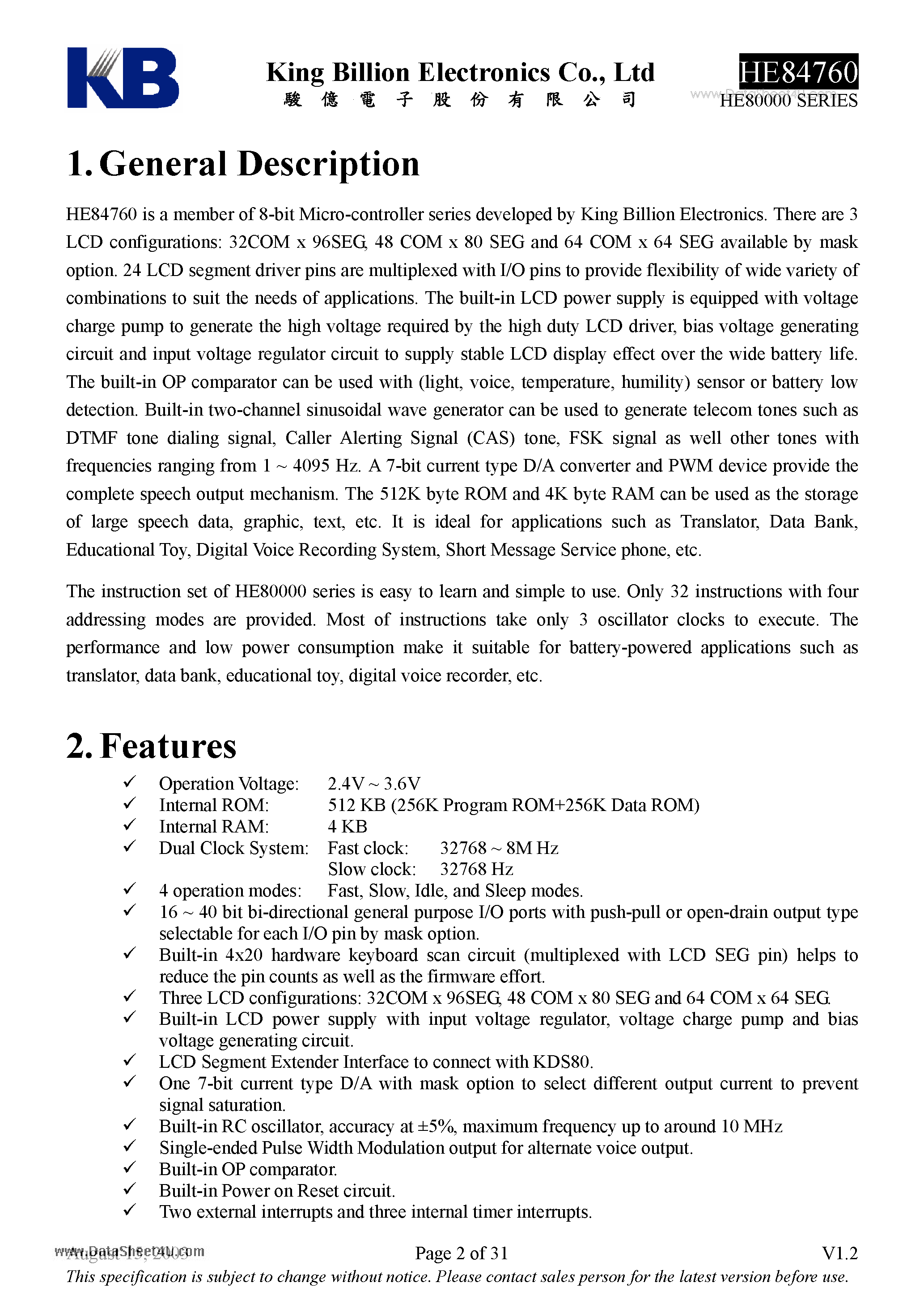 Datasheet HE84760 - 8-bit Micro-controller page 2