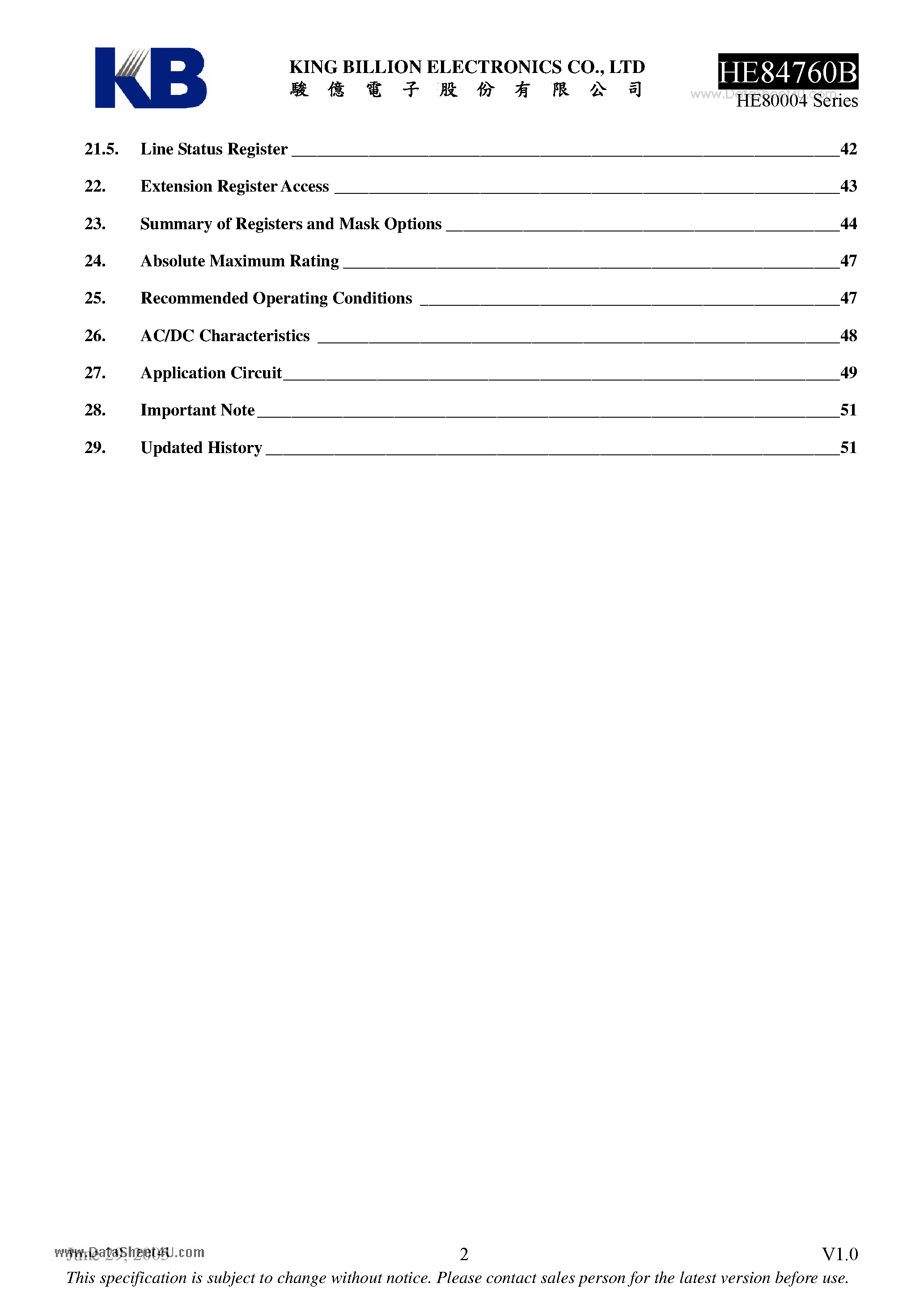 Datasheet HE84760B - 8-bit Micro-controller page 2
