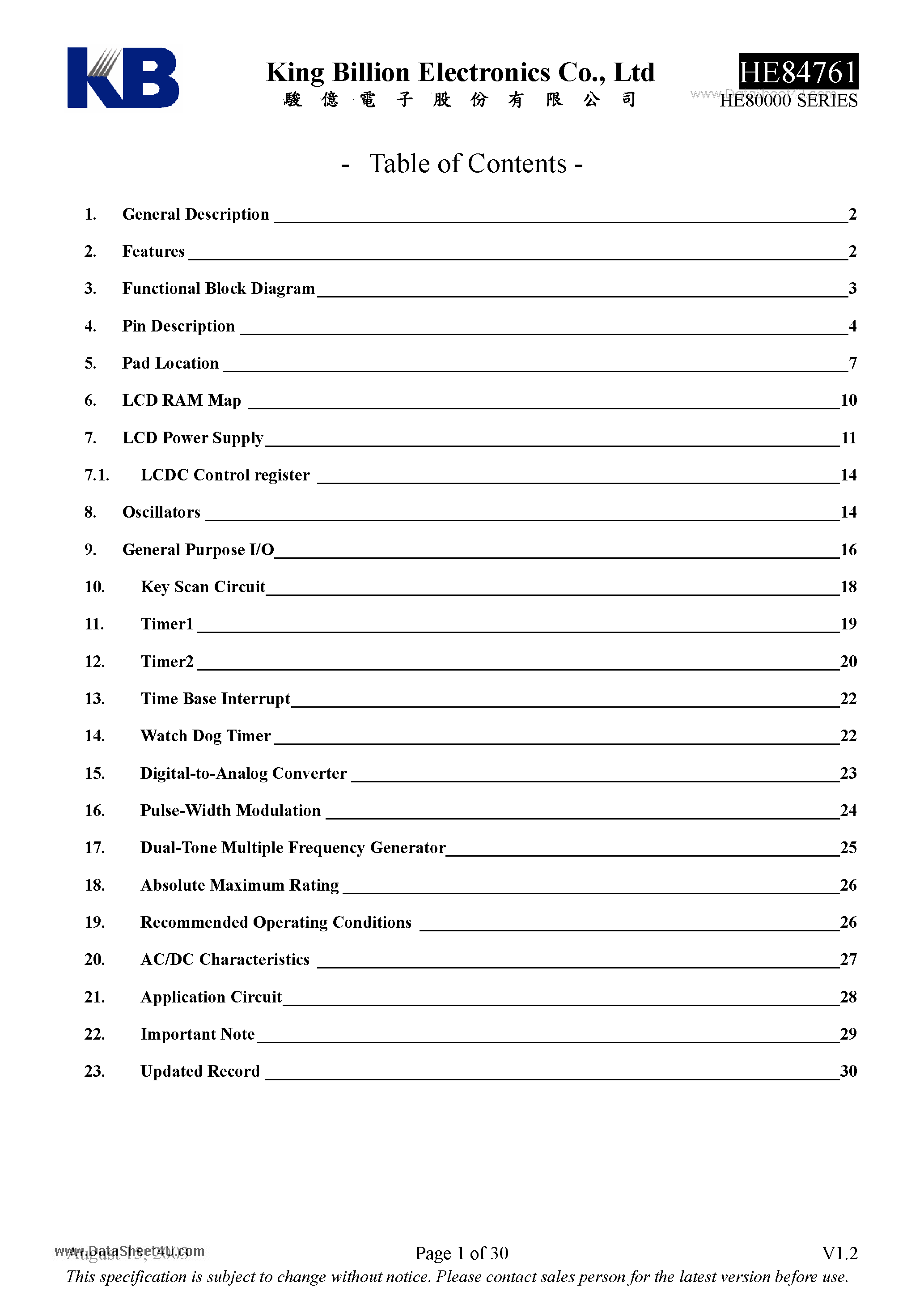 Datasheet HE84761 - 8-bit Micro-controller page 1