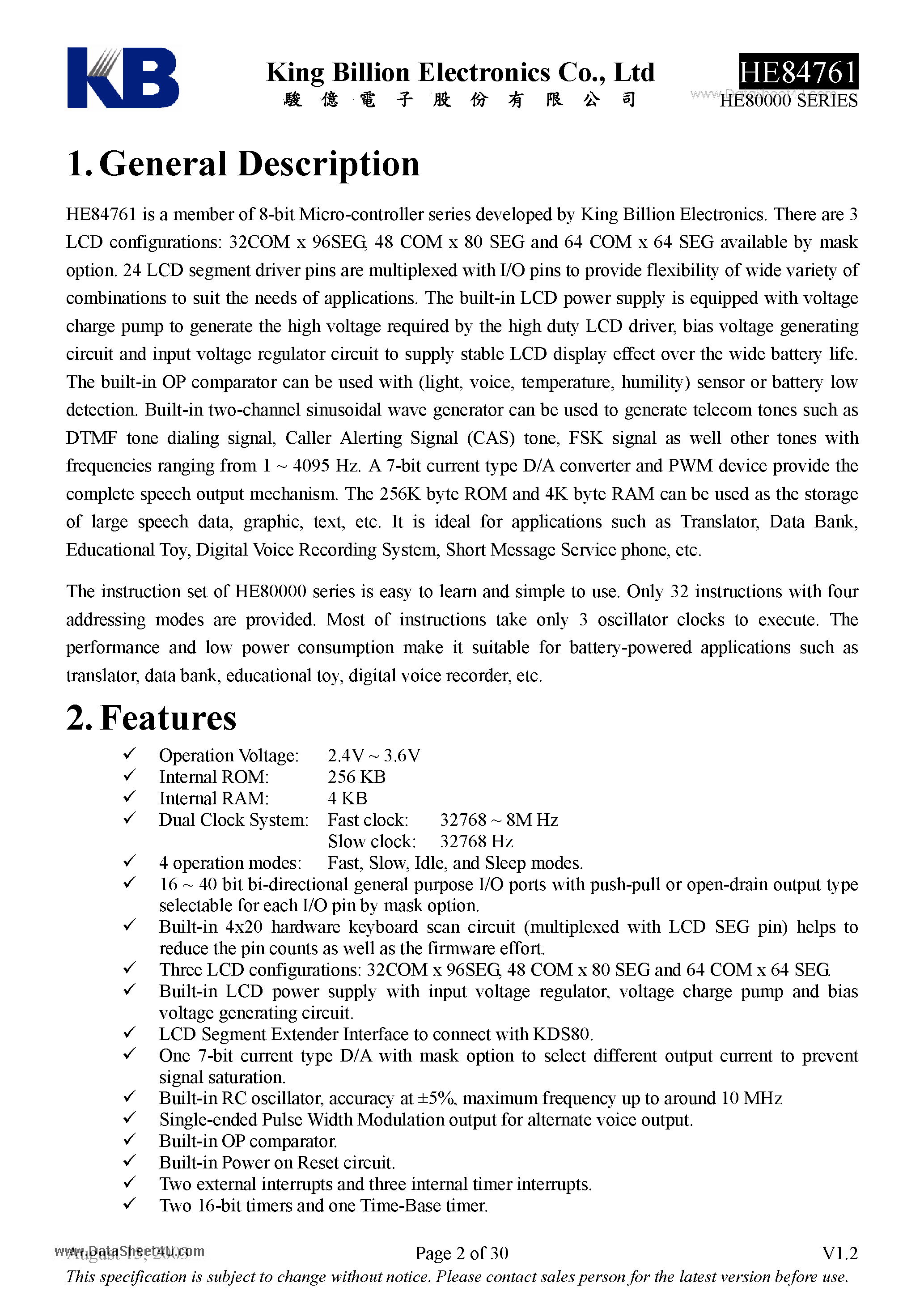 Datasheet HE84761 - 8-bit Micro-controller page 2