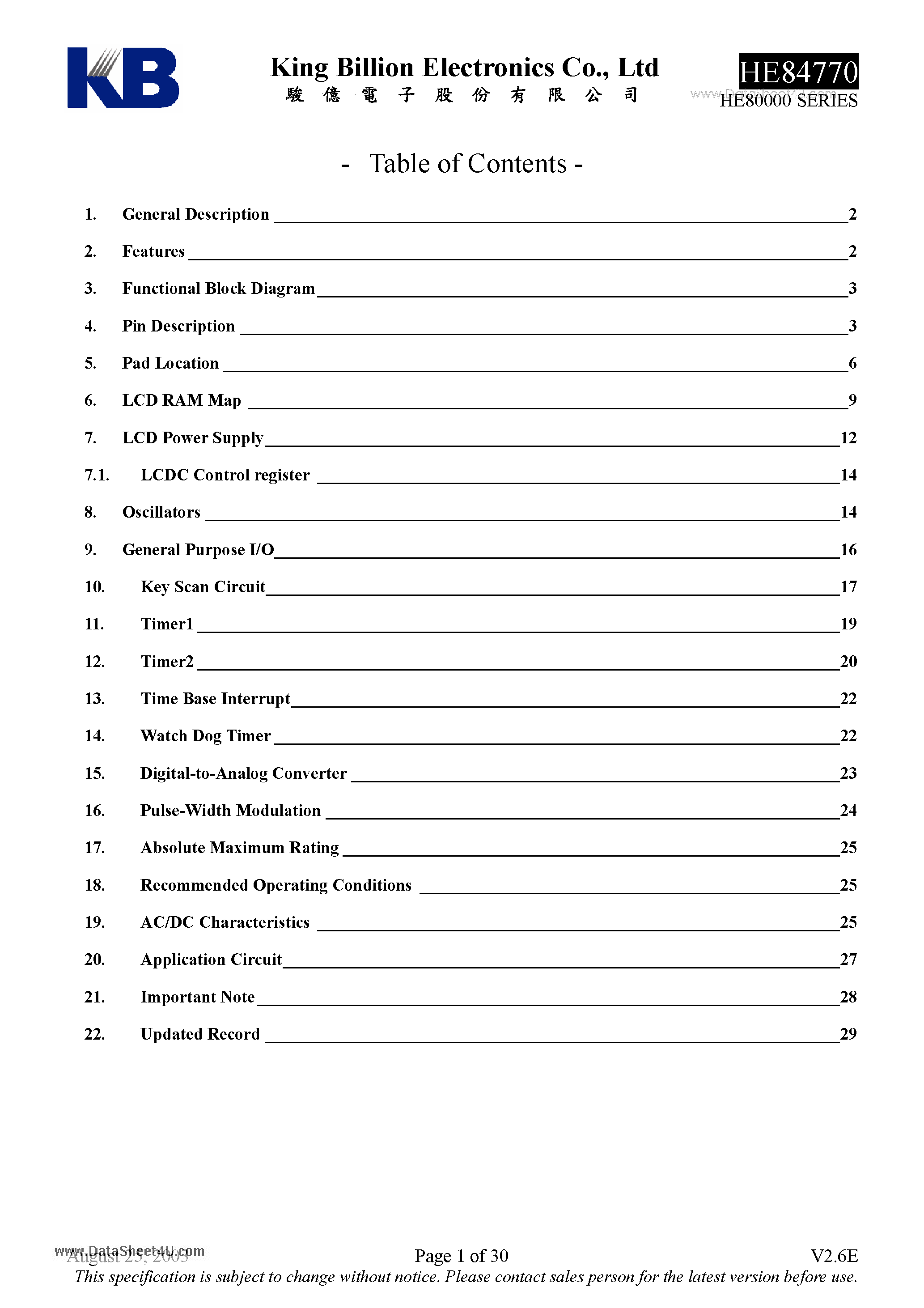 Datasheet HE84770 - 8-bit Micro-controller page 1