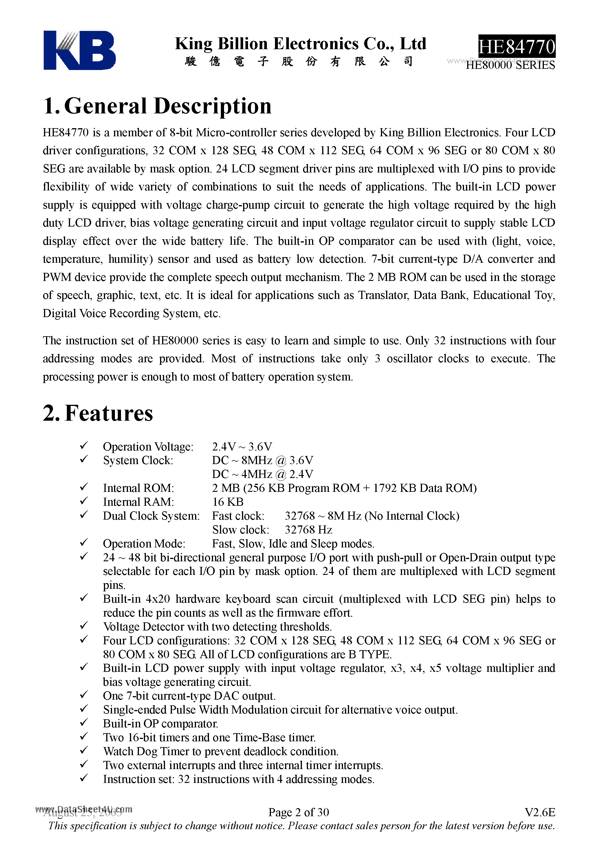 Datasheet HE84770 - 8-bit Micro-controller page 2