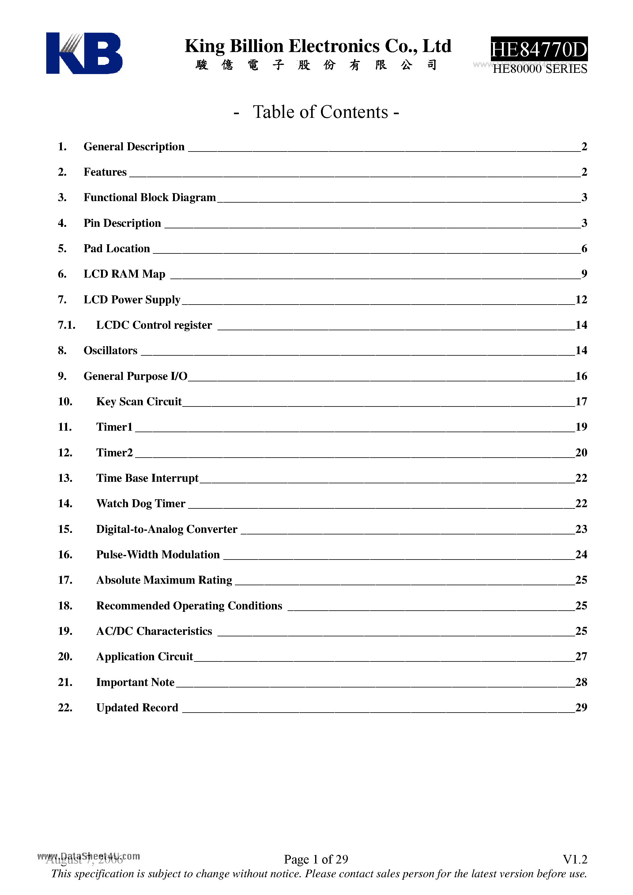 Datasheet HE84770D - 8-bit Micro-controller page 1