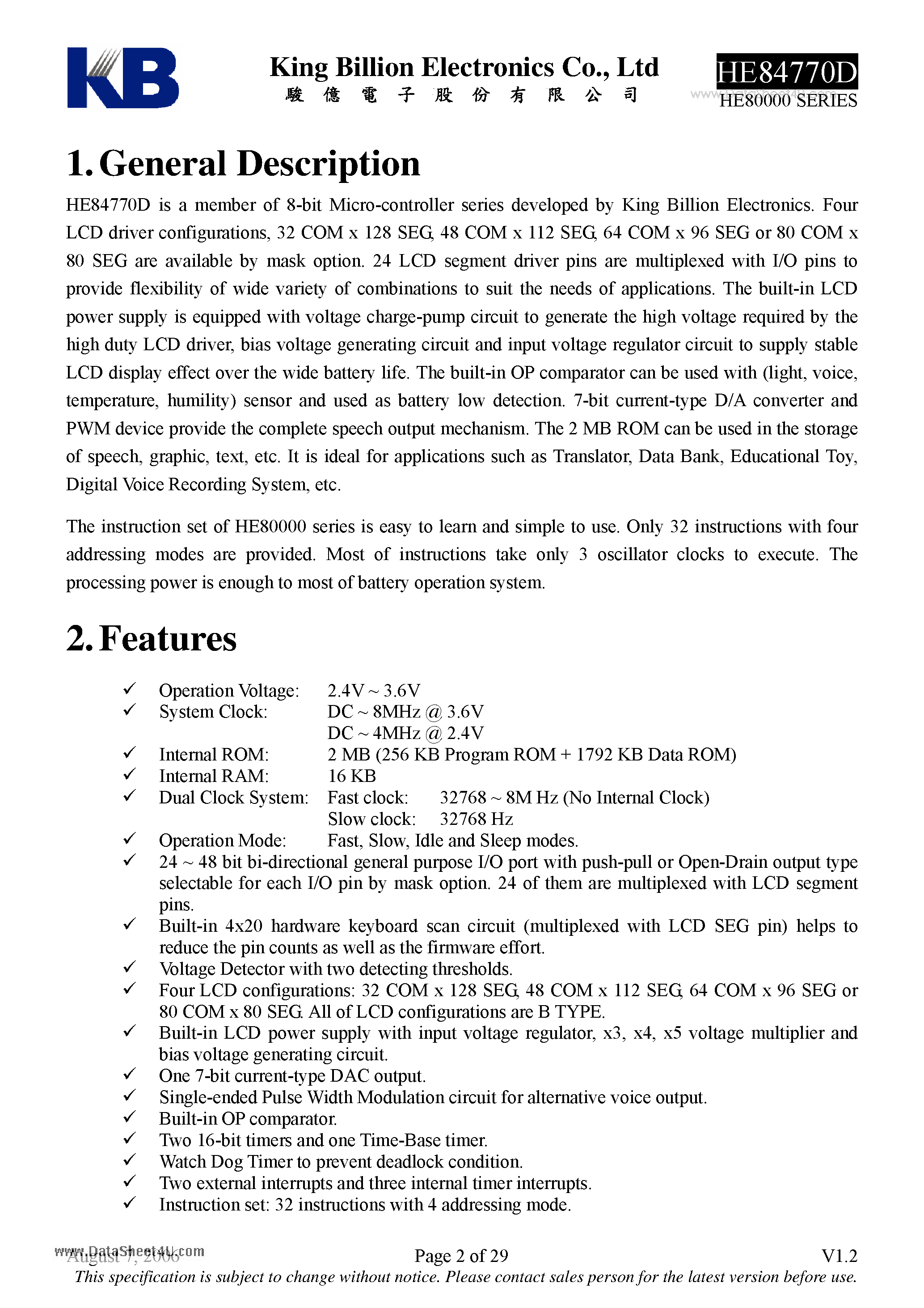 Datasheet HE84770D - 8-bit Micro-controller page 2