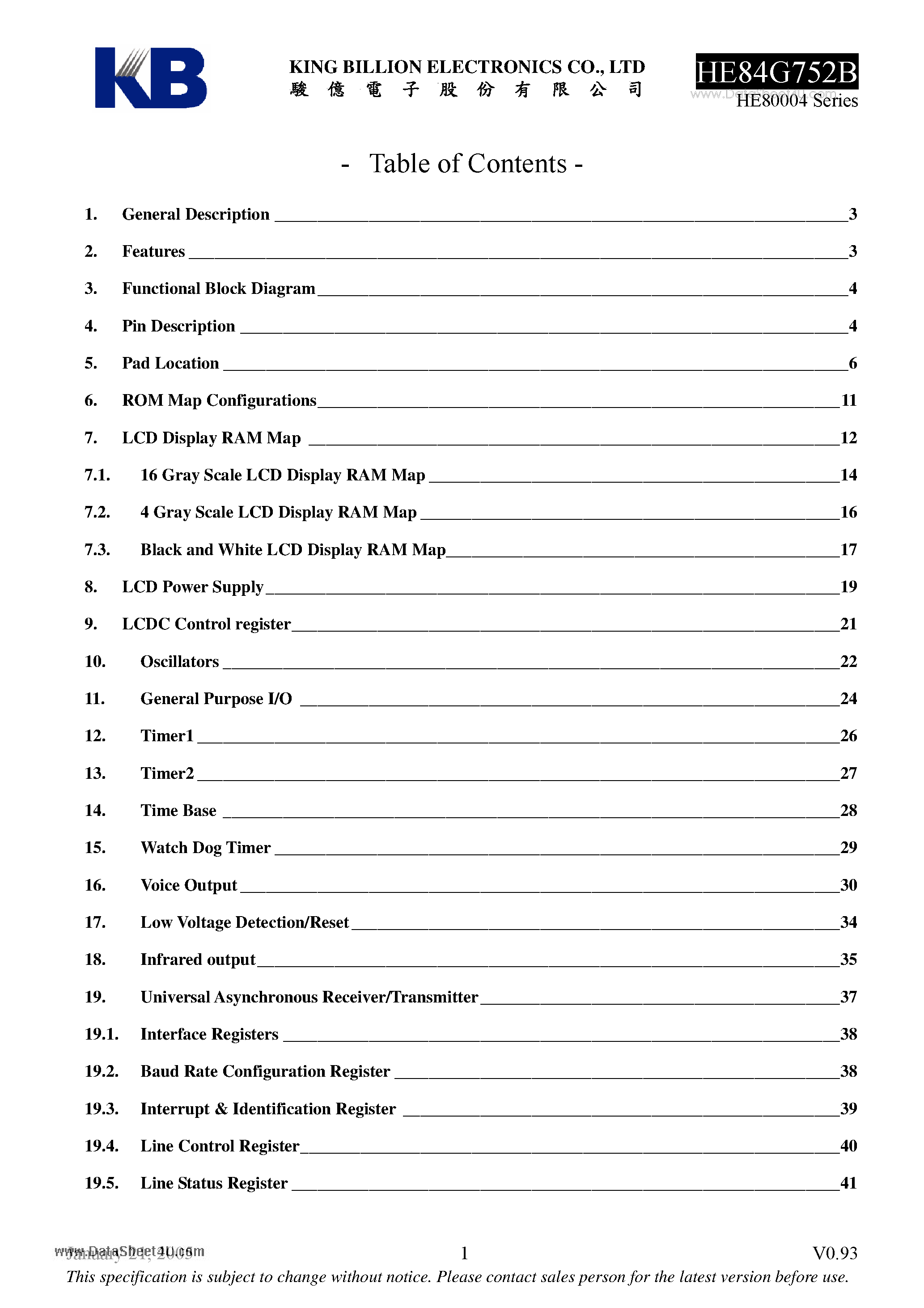 Datasheet HE84G752B - 8-bit Micro-controller page 1