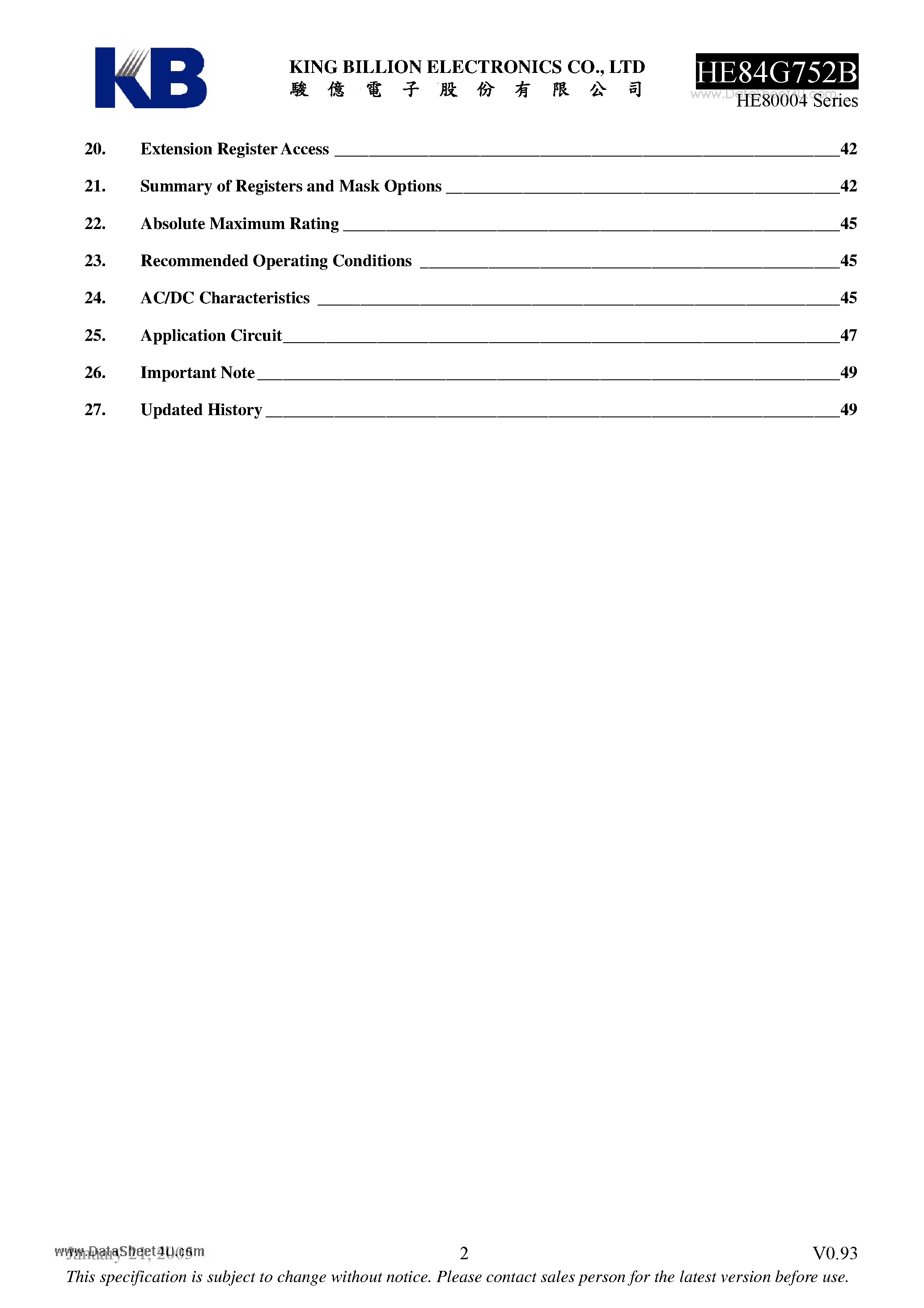 Datasheet HE84G752B - 8-bit Micro-controller page 2