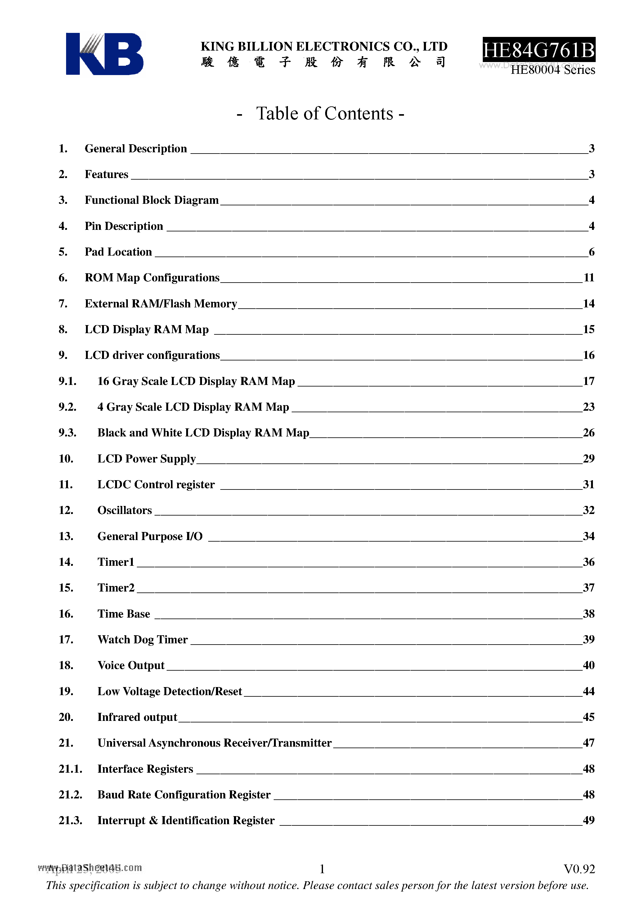 Datasheet HE84G761B - 8-bit Micro-controller page 1