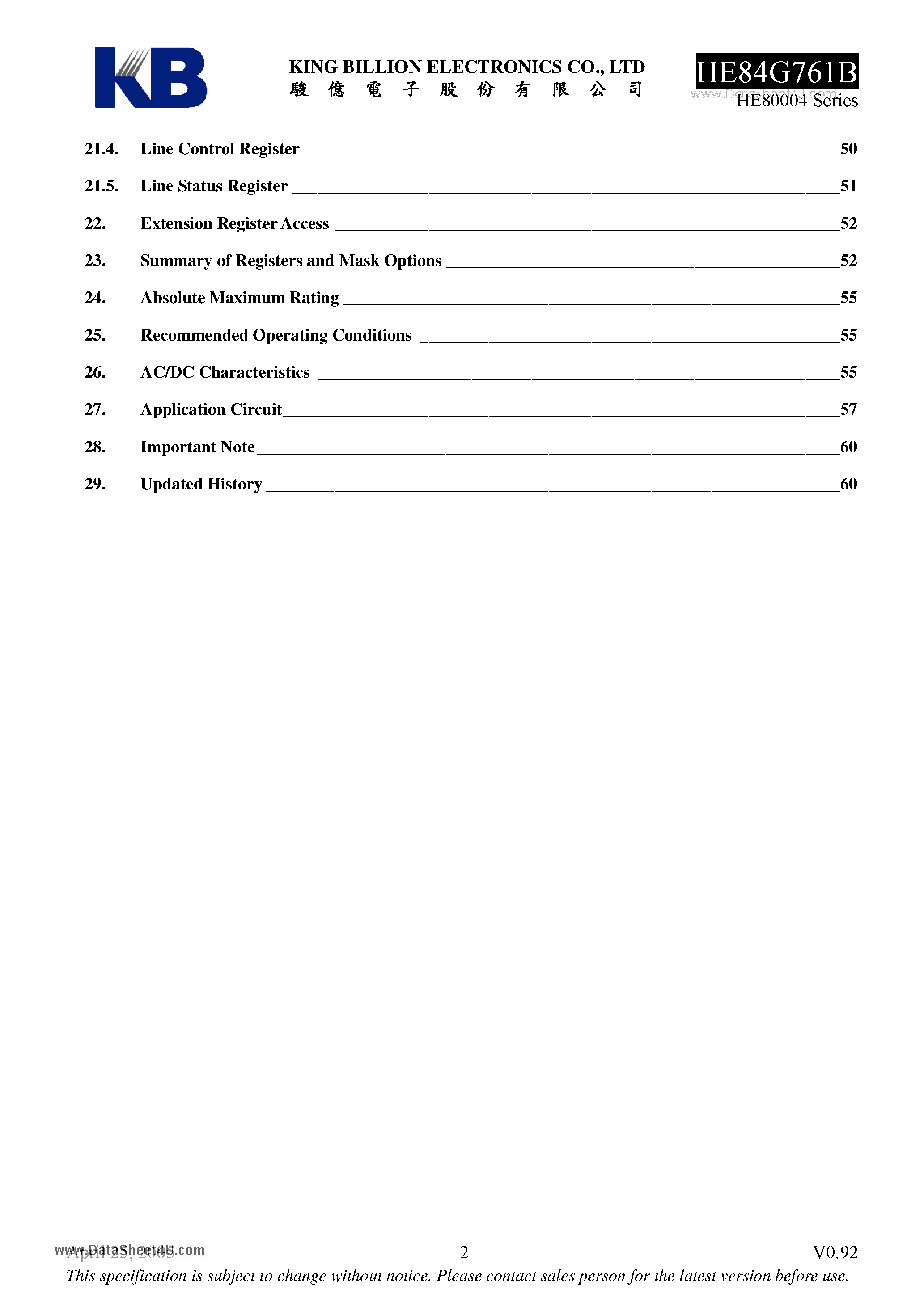 Datasheet HE84G761B - 8-bit Micro-controller page 2