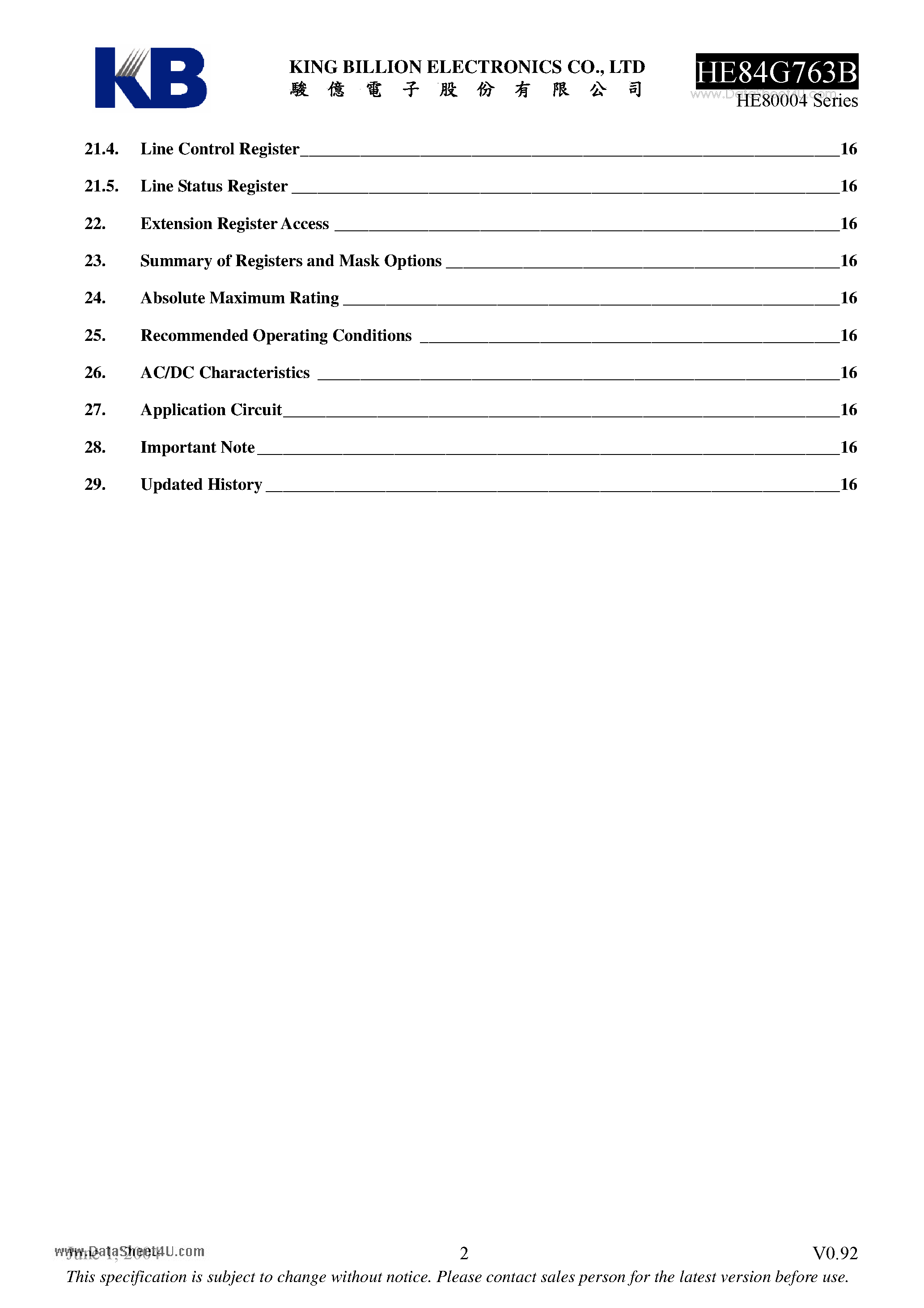 Datasheet HE84G763B - 8-bit Micro-controller page 2