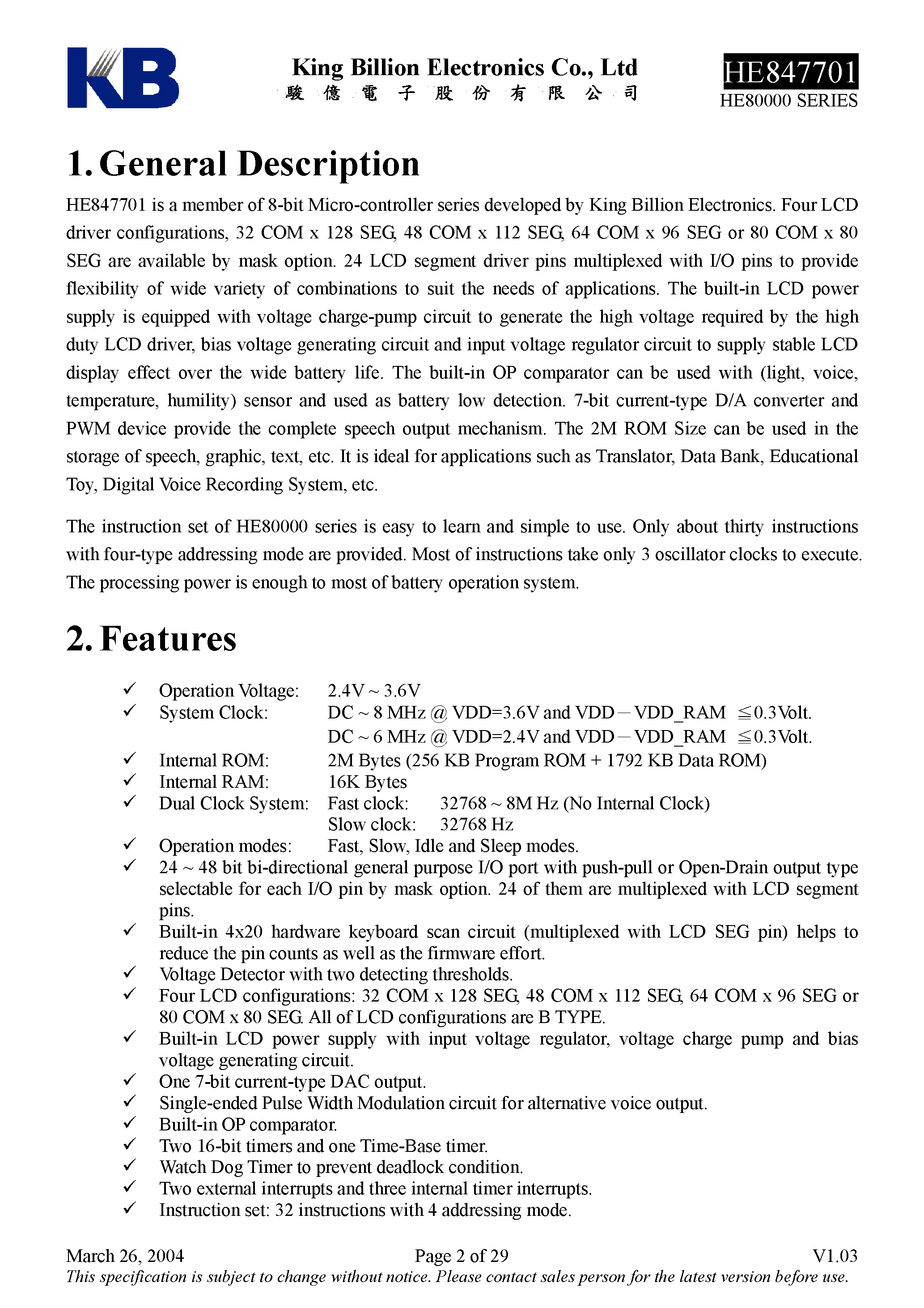 Datasheet HE847701 - 8-bit Micro-controller page 2