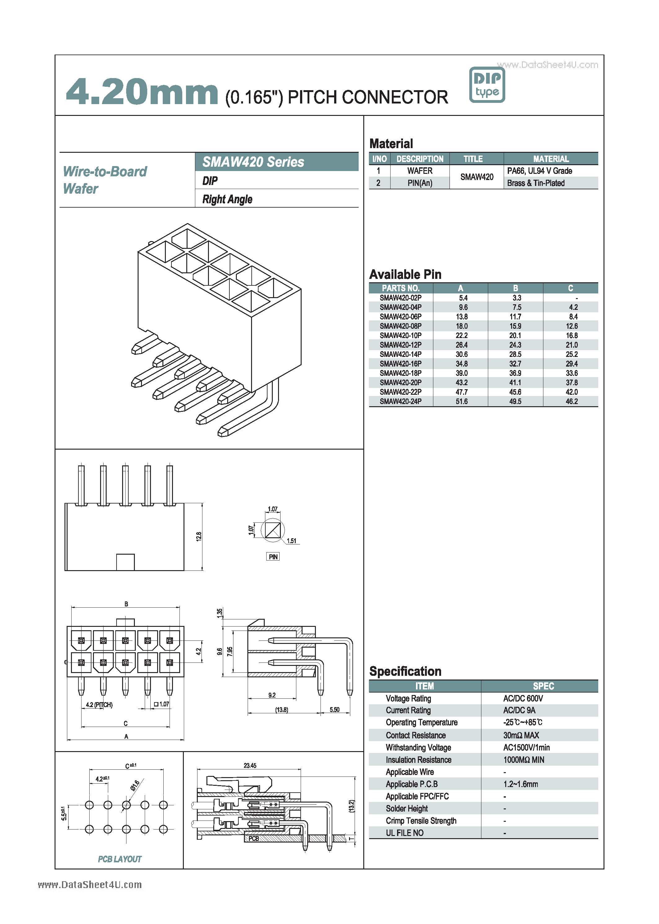 Datasheet SMAW420 - 4.20mm PITCH CONNECTOR page 1