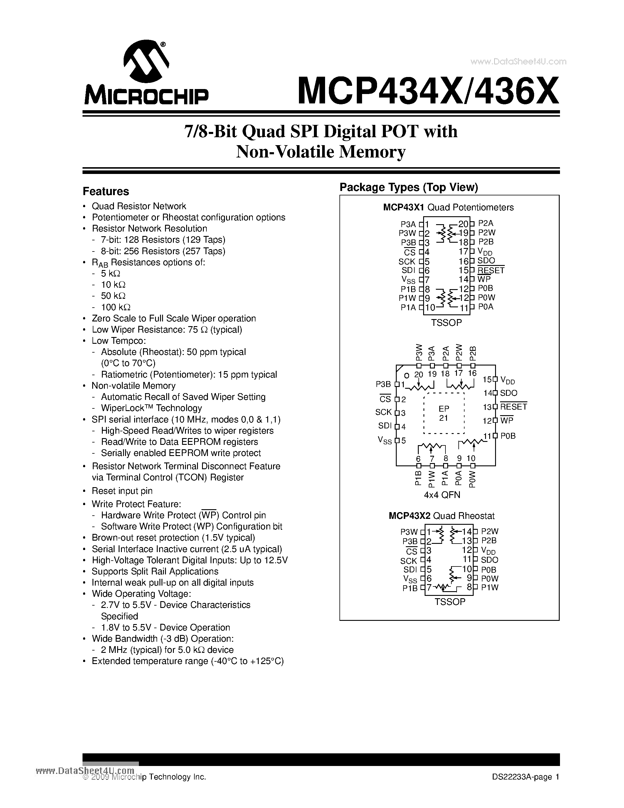 Даташит MCP4331 - (MCP434x / MCP436x) 7-bit (129 Wiper Steps) Digital Potentiometers страница 1