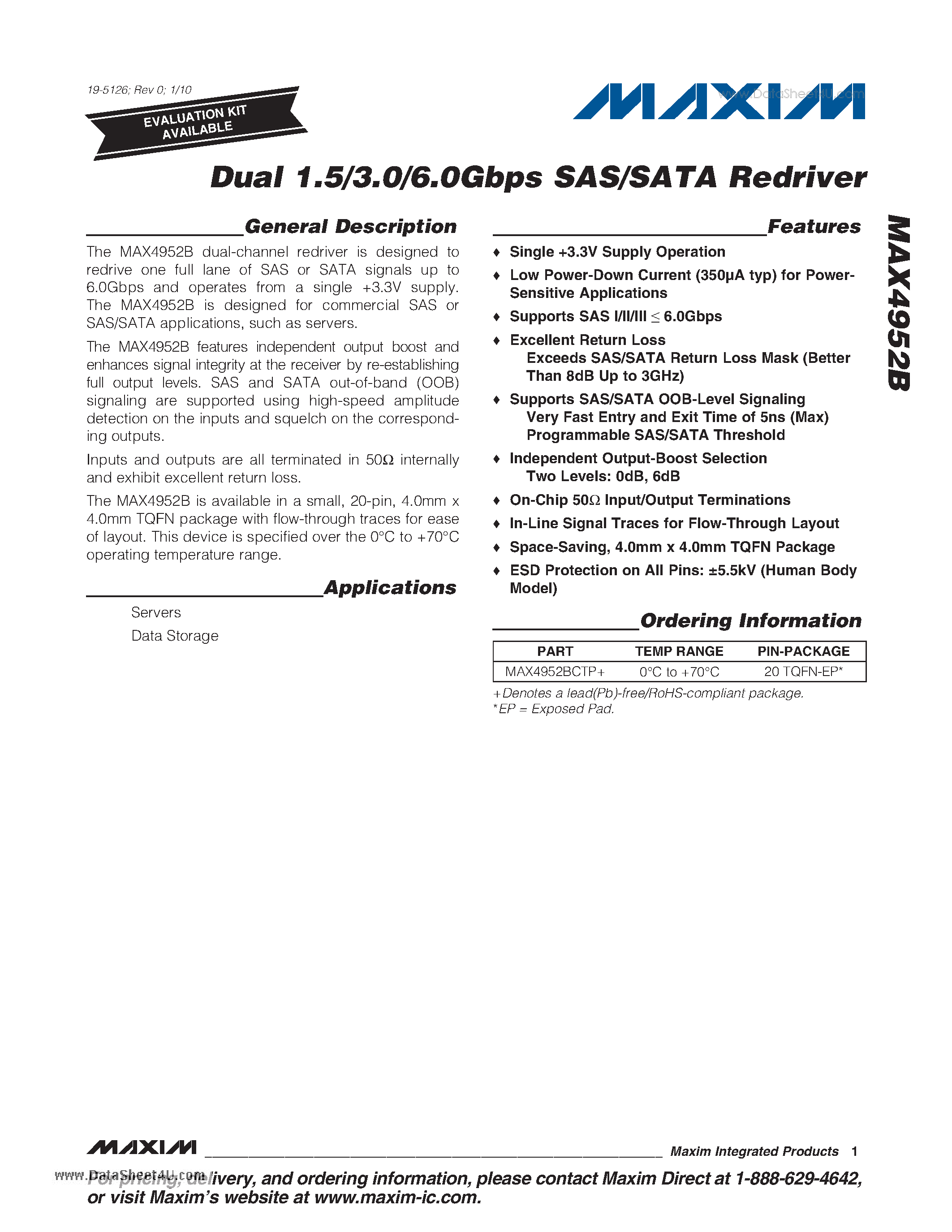 Datasheet MAX4952B - Dual 1.5/3.0/6.0Gbps SAS/SATA Redriver page 1