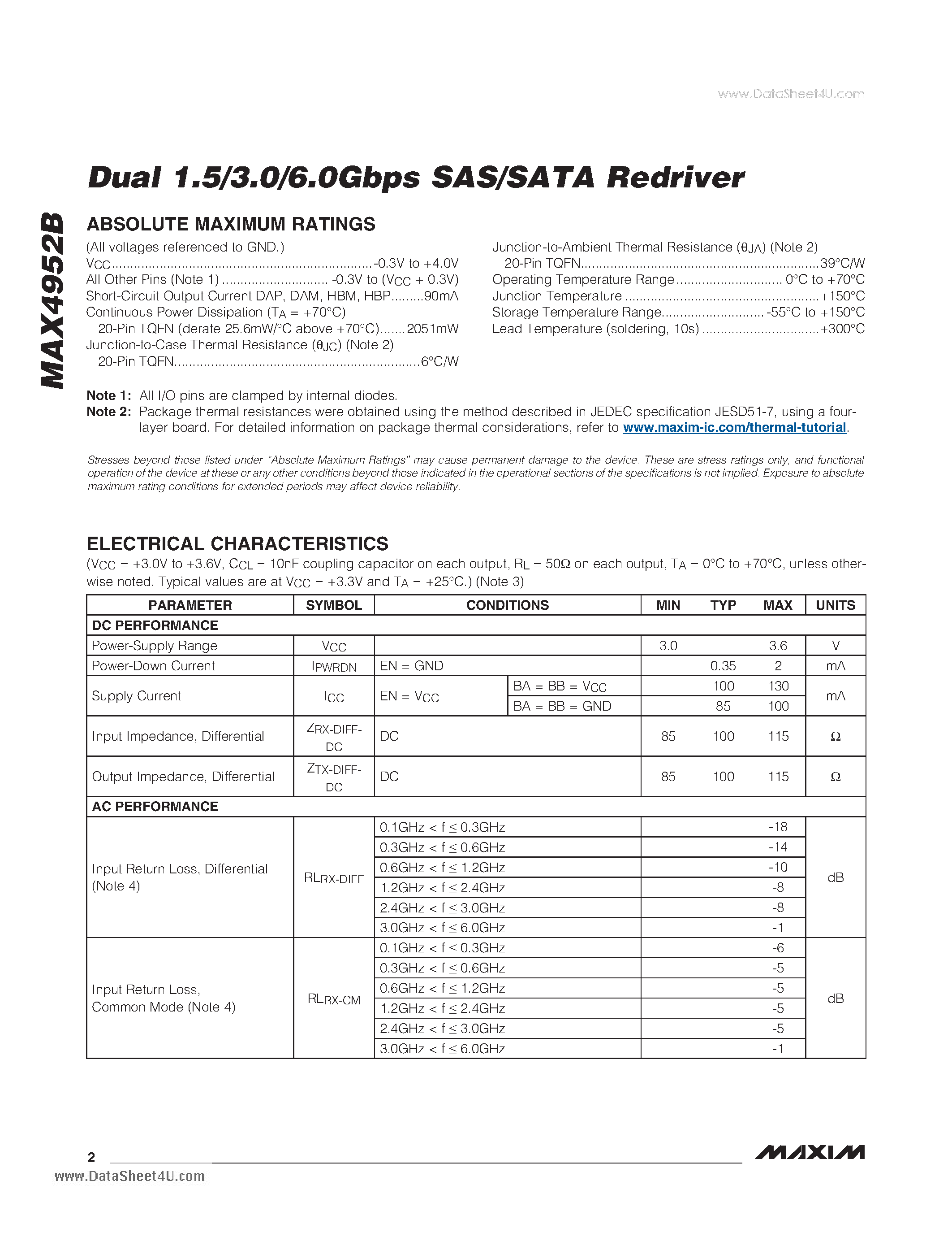 Datasheet MAX4952B - Dual 1.5/3.0/6.0Gbps SAS/SATA Redriver page 2