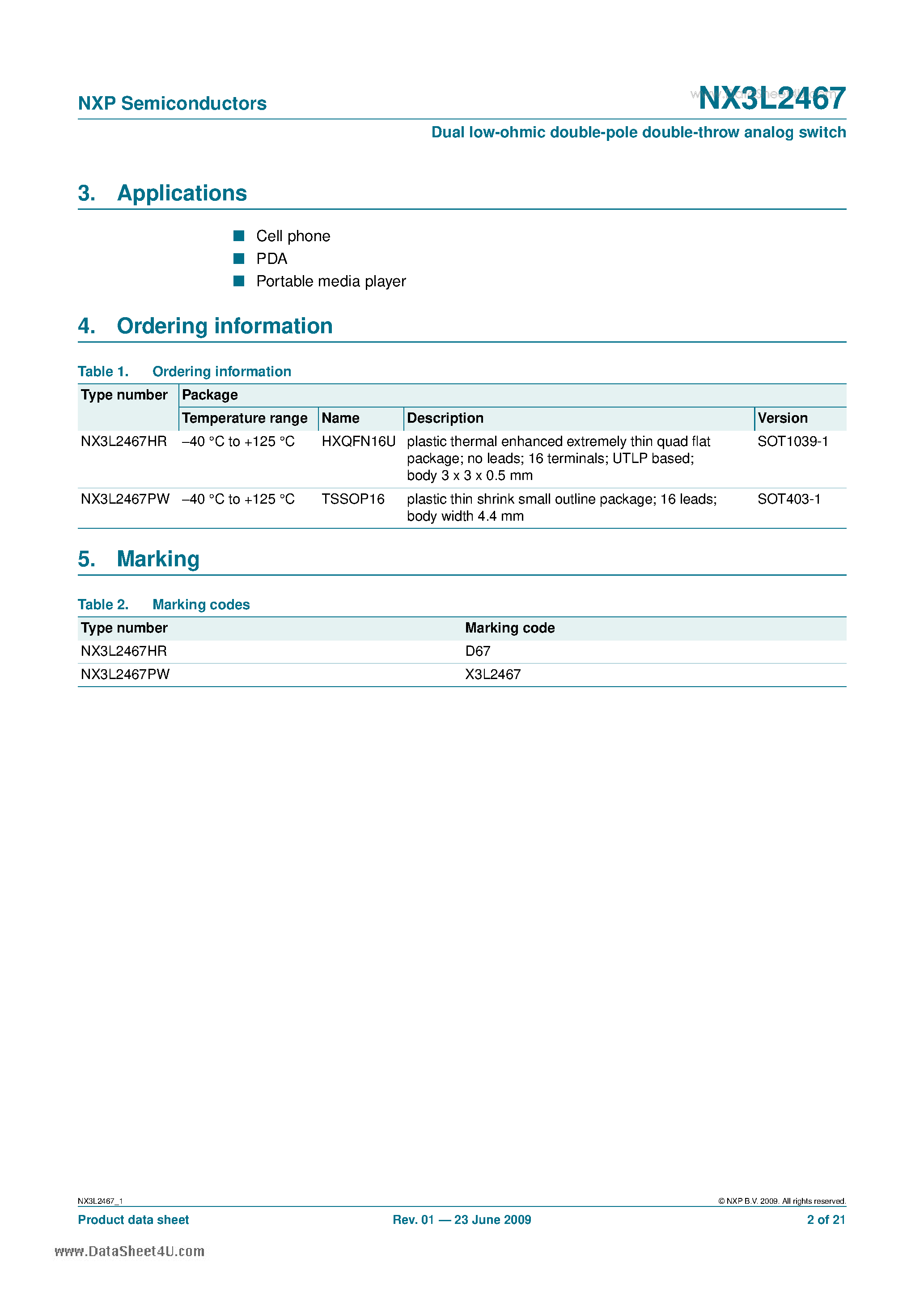 Datasheet NX3L2467 - Double-pole Double-throw Analog Switch page 2