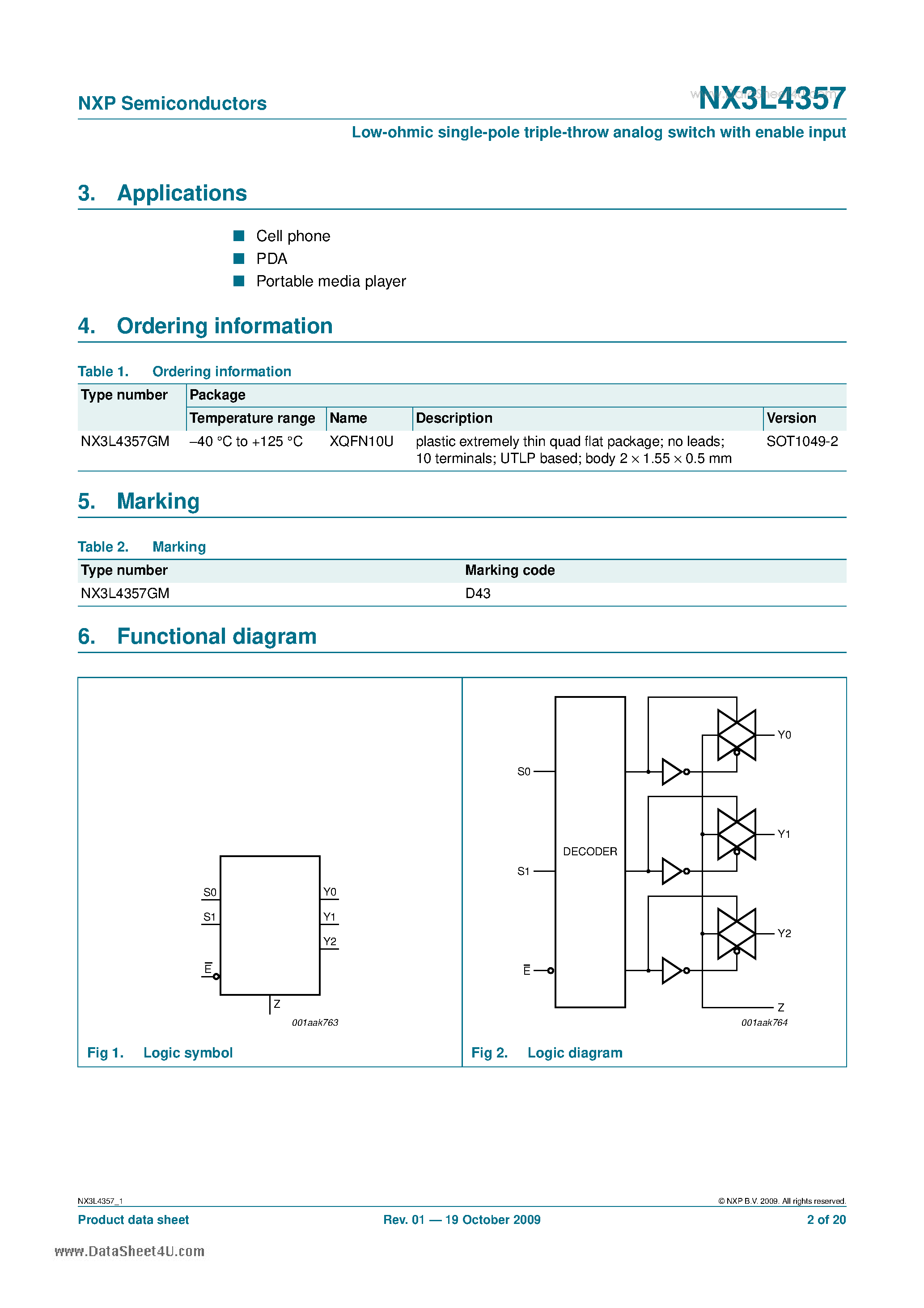 Datasheet NX3L4357 page 2 Datasheet NX3L4357 - Dual Low-ohmic Single-pole Single-throw Analog Switch page 2
