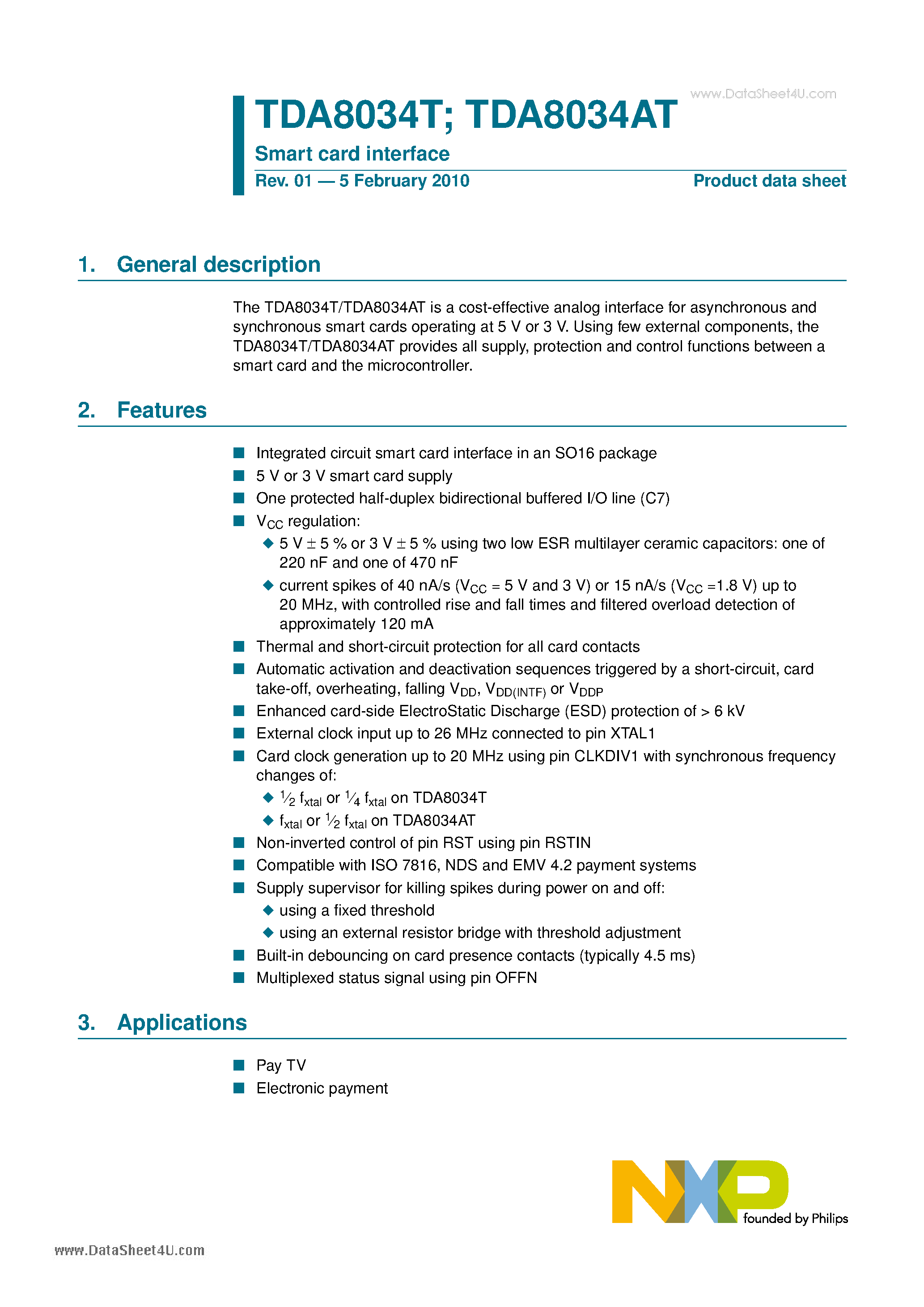 Datasheet TDA8034AT page 1 Datasheet TDA8034AT - Smart Card Interface page 1