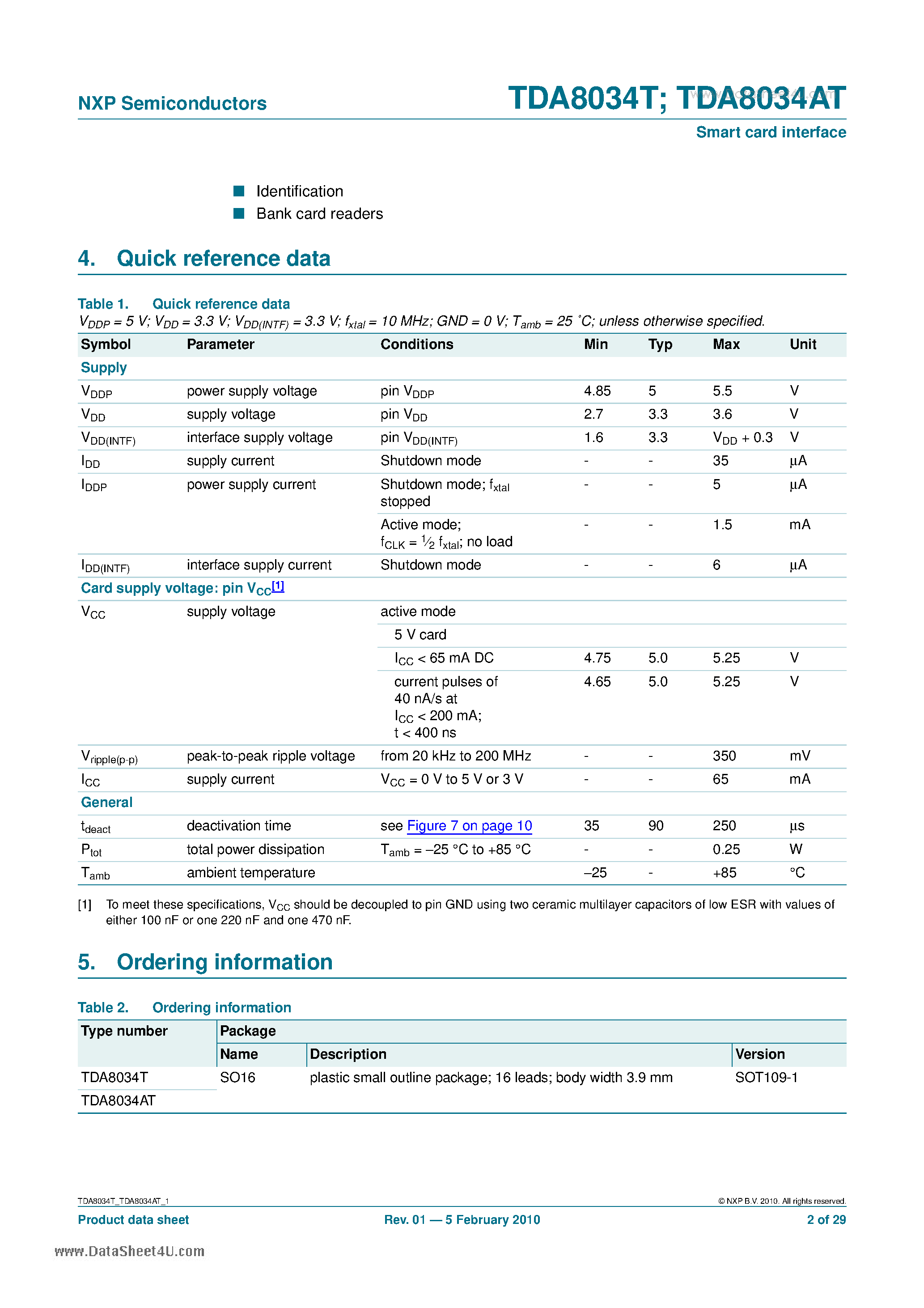 Datasheet TDA8034AT page 2 Datasheet TDA8034AT - Smart Card Interface page 2