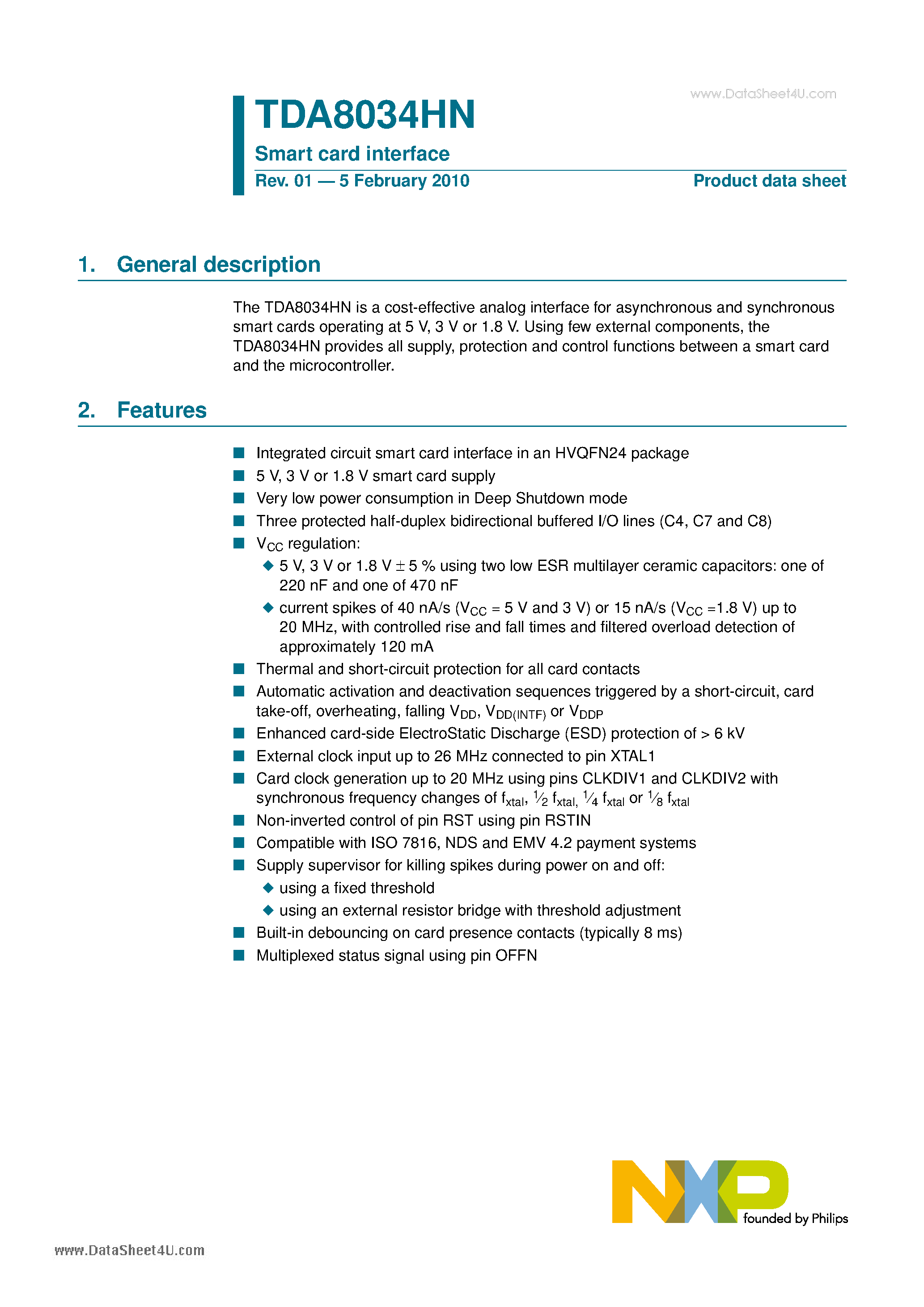 Datasheet TDA8034HN page 1 Datasheet TDA8034HN - Smart Card Interface page 1