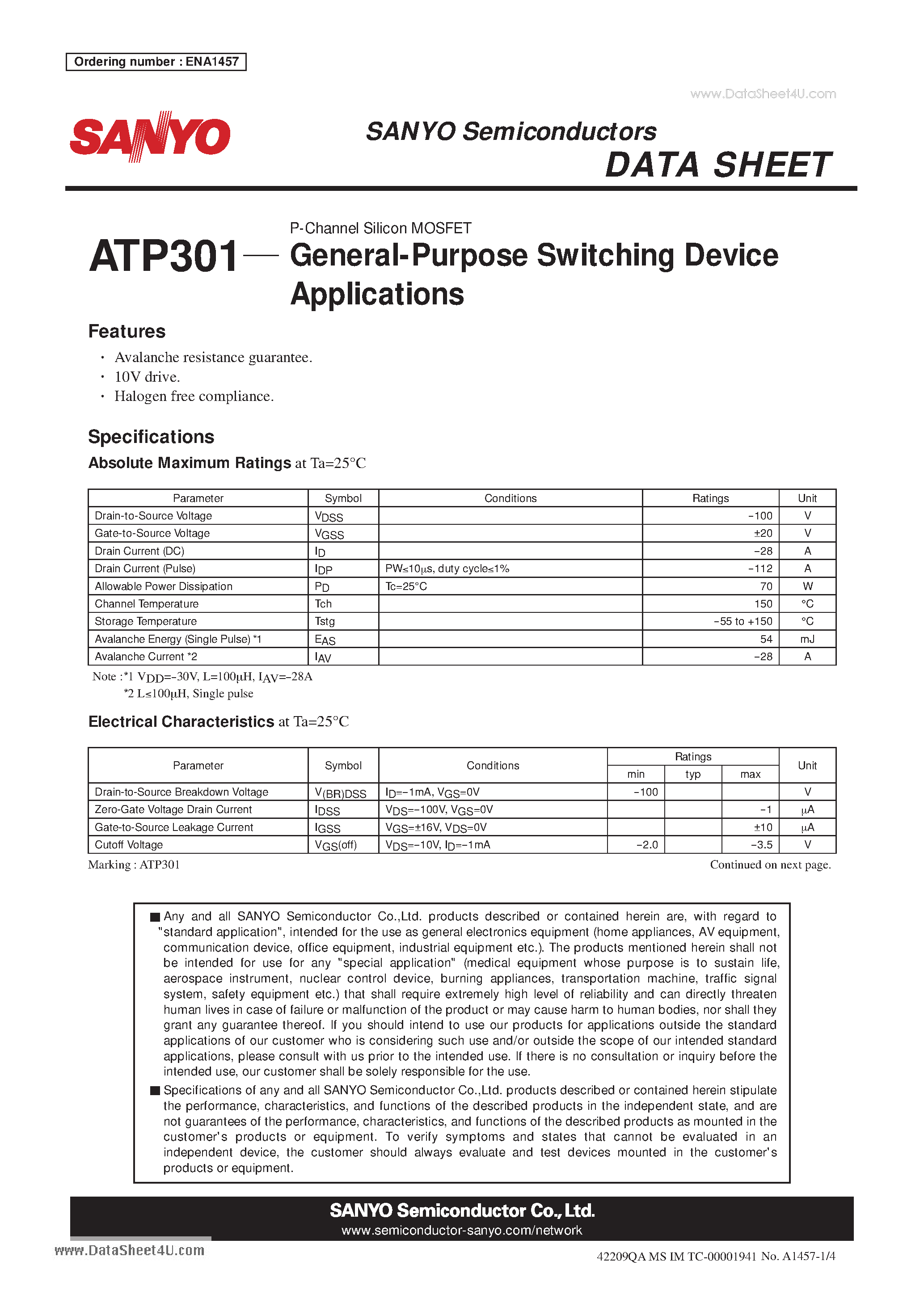 Даташит на микросхему ATP301 страница 1 Даташит ATP301 - General-Purpose Switching Device Applications страница 1