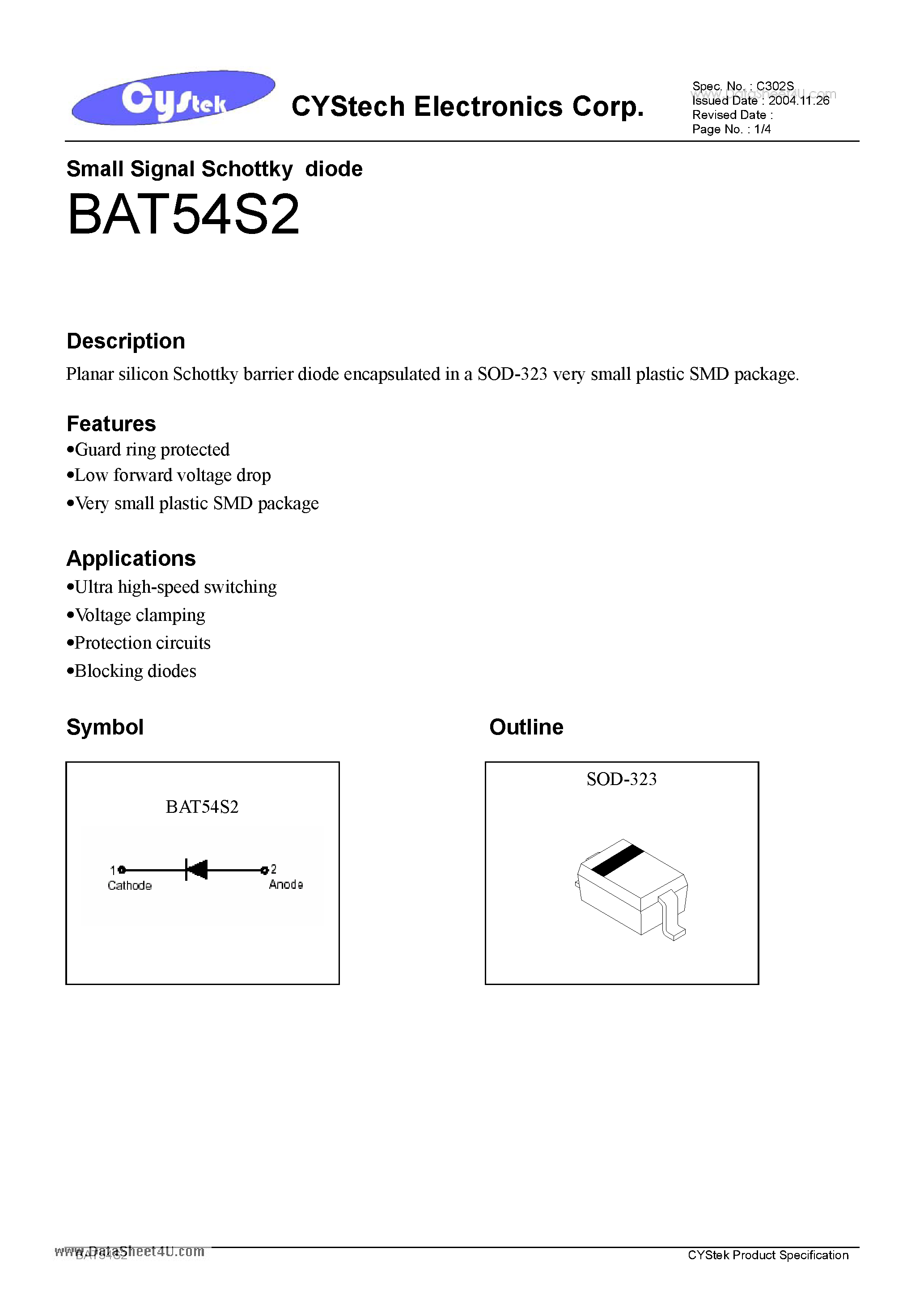 Datasheet BAT54S2 - Small Signal Schottky diode page 1