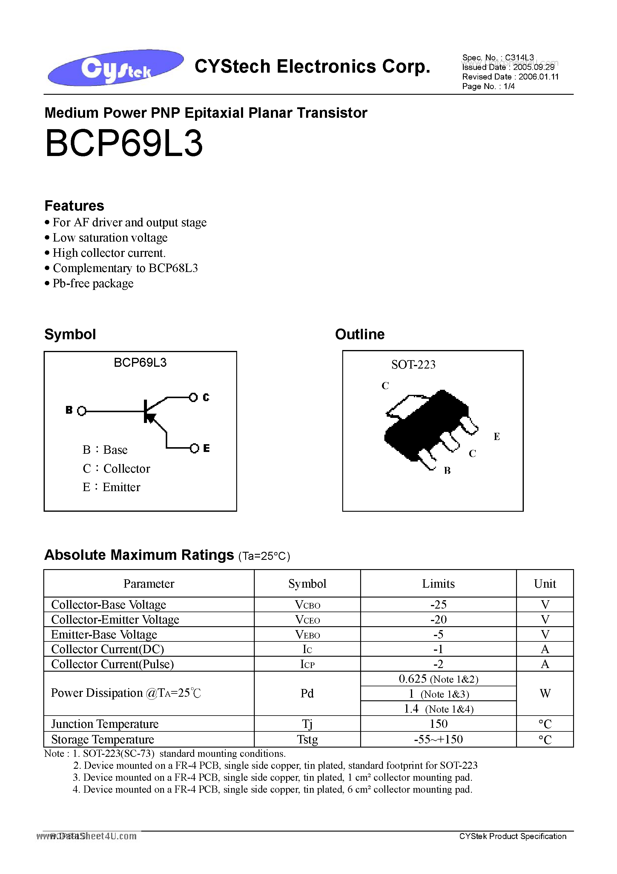 Datasheet BCP69L3 page 1 Datasheet BCP69L3 - Medium Power PNP Epitaxial Planar Transistor page 1