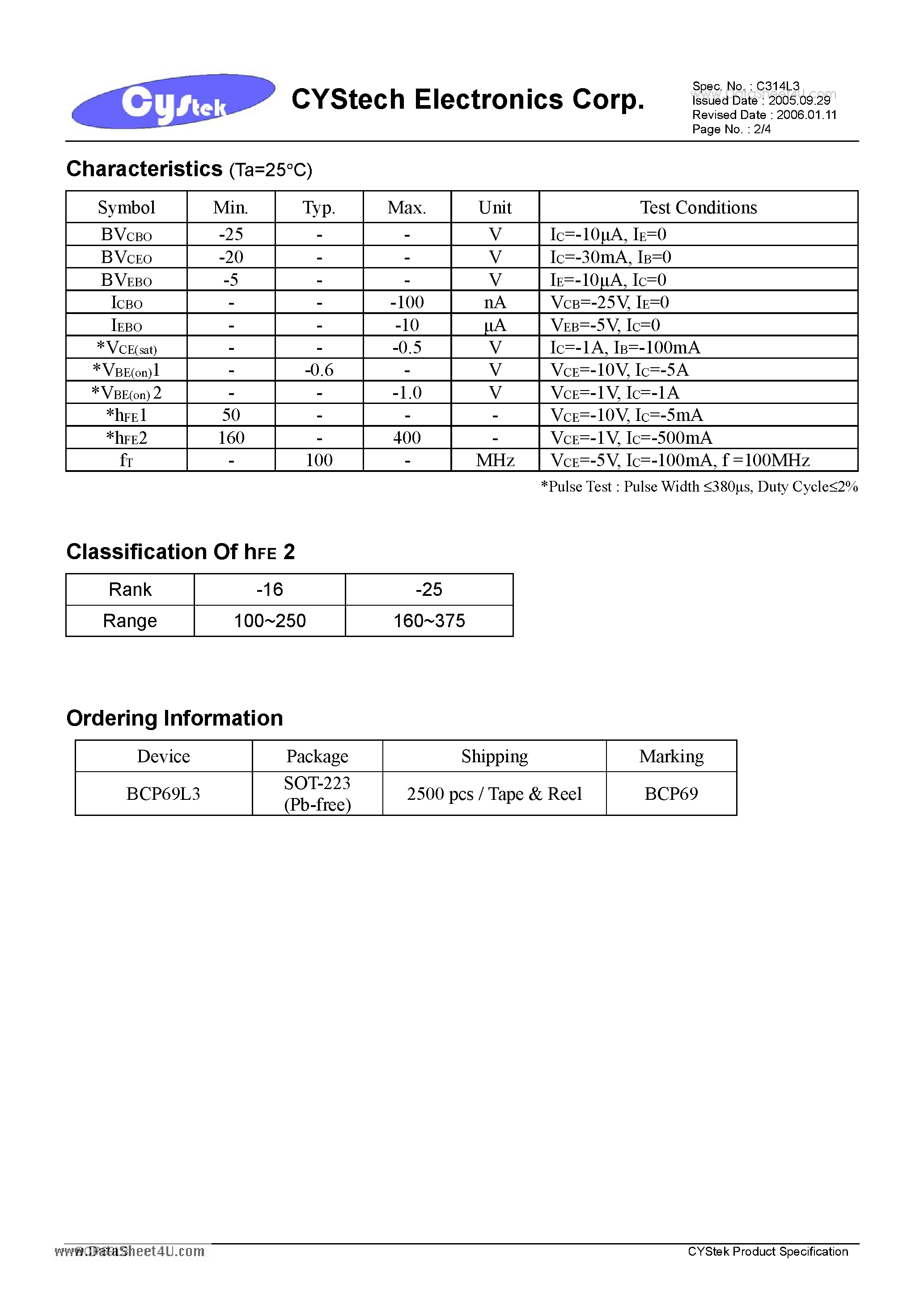 Datasheet BCP69L3 page 2 Datasheet BCP69L3 - Medium Power PNP Epitaxial Planar Transistor page 2
