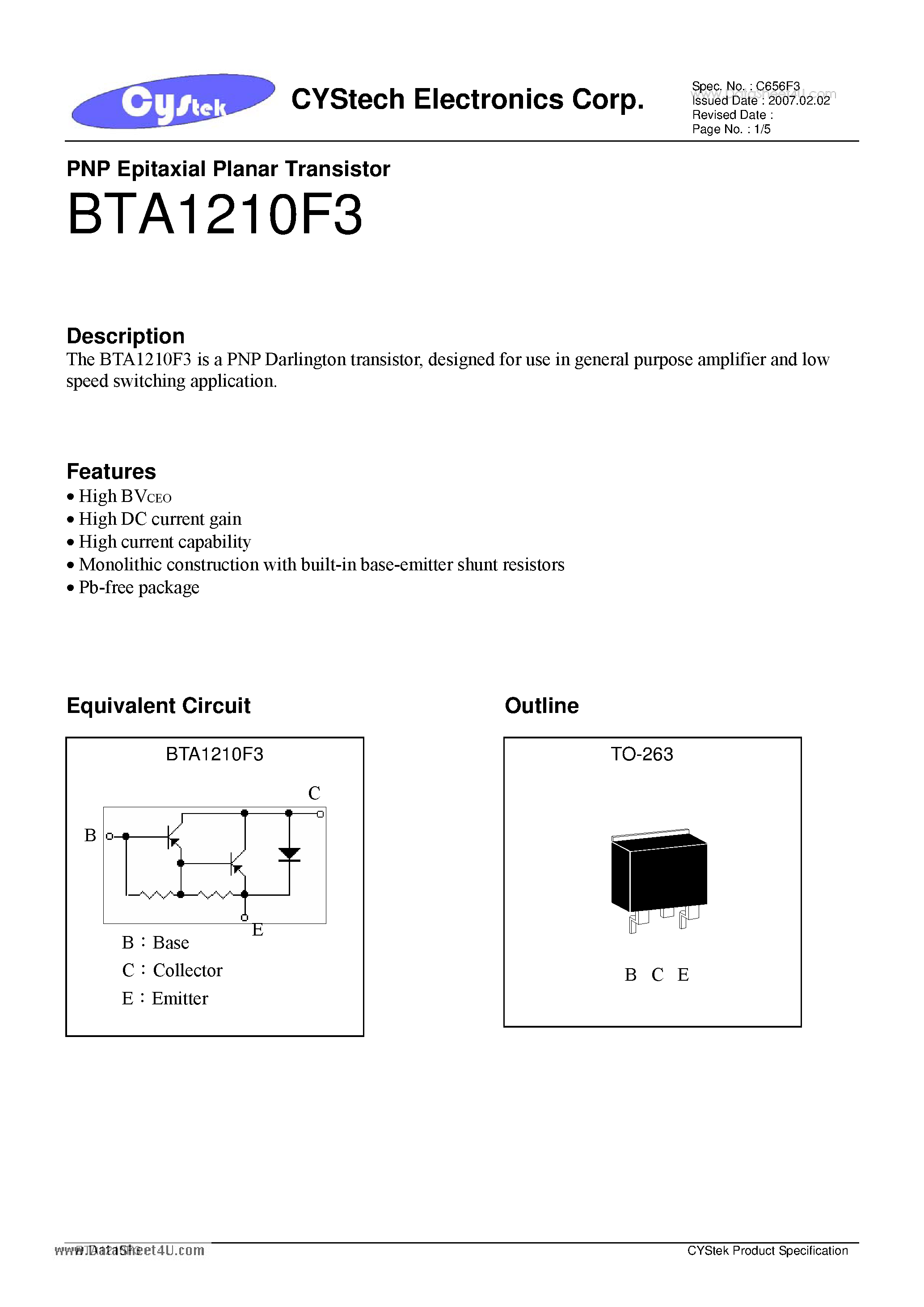Даташит BTA1210F3 - PNP Epitaxial Planar Transistor страница 1