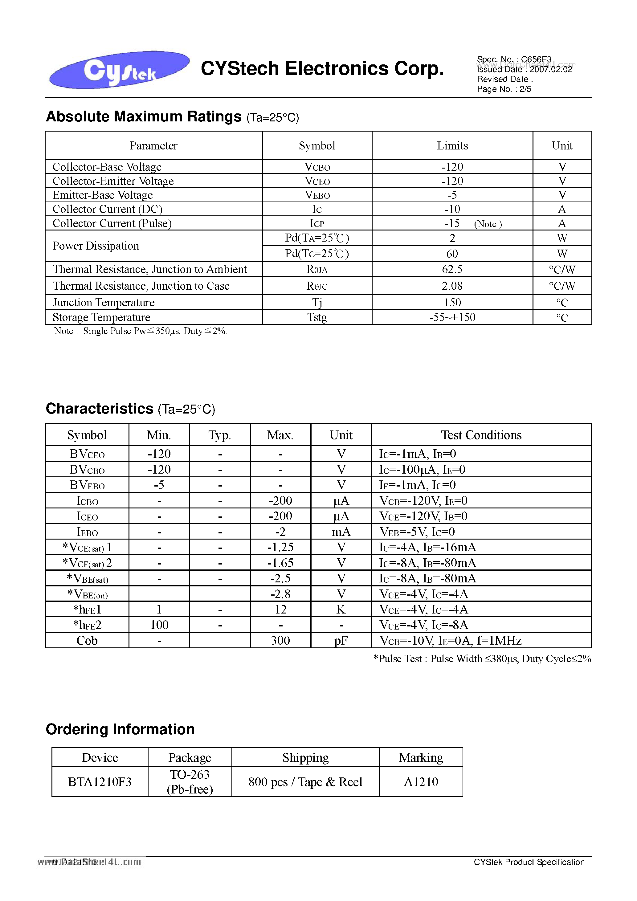 Даташит BTA1210F3 - PNP Epitaxial Planar Transistor страница 2