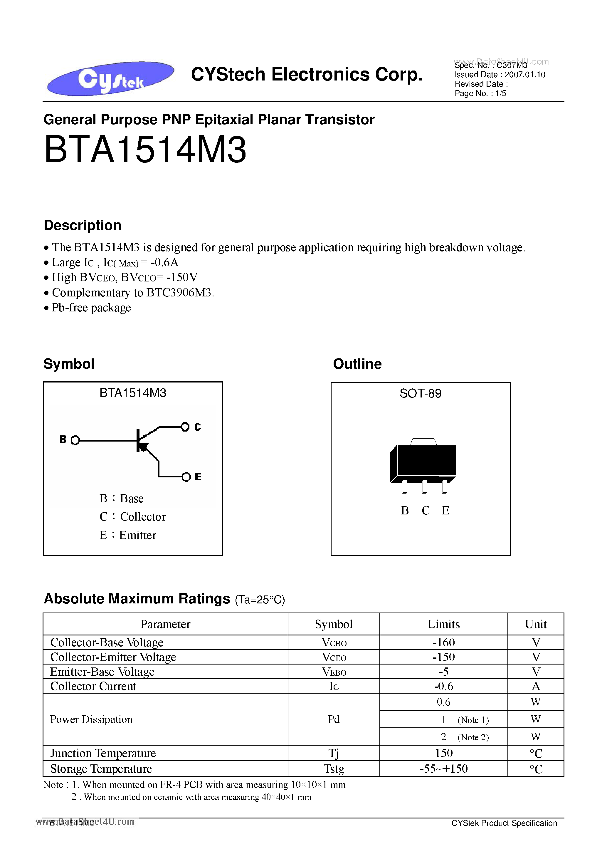 Даташит BTA1514M3 - General Purpose PNP Epitaxial Planar Transistor страница 1