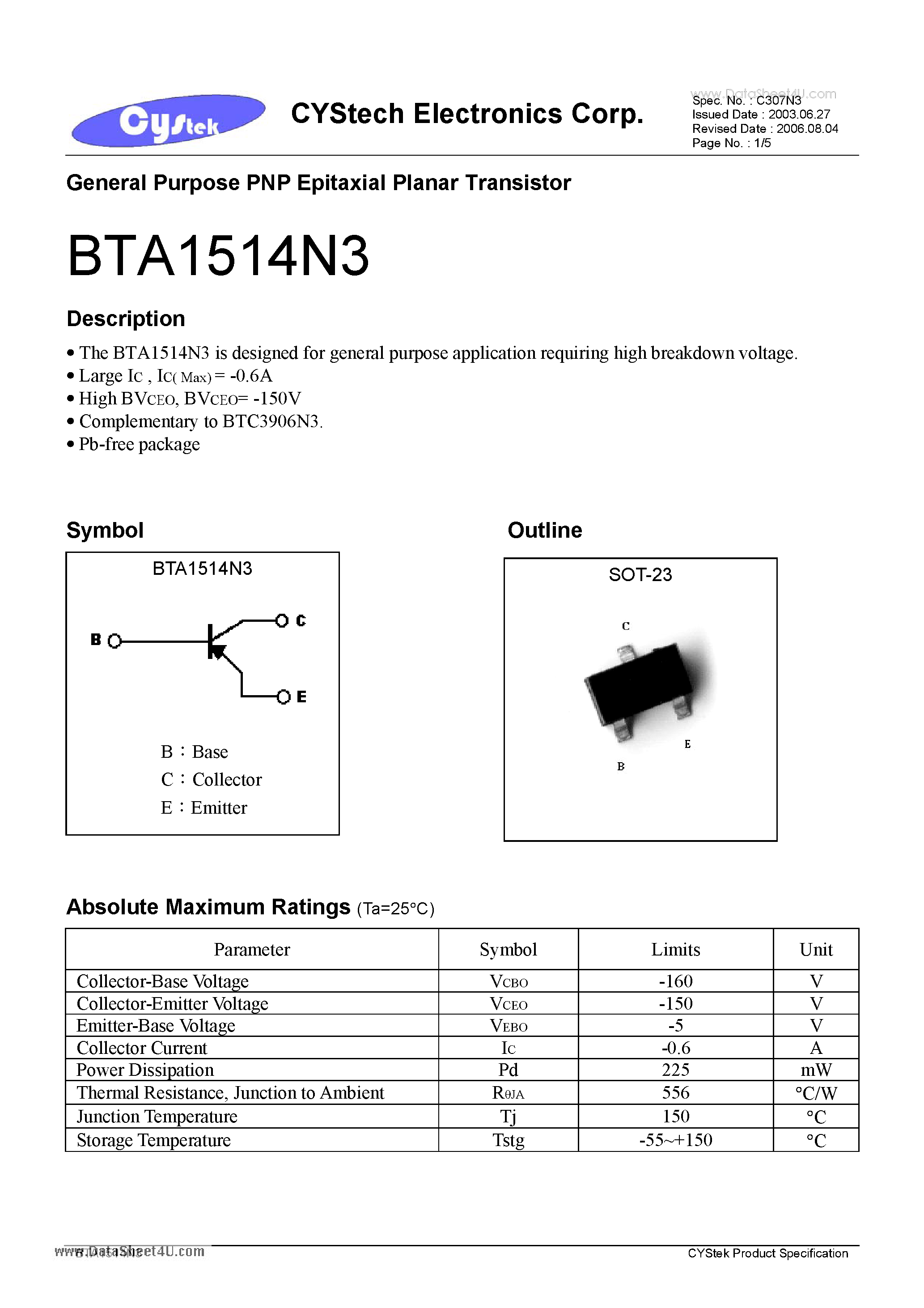 Даташит BTA1514N3 - General Purpose PNP Epitaxial Planar Transistor страница 1