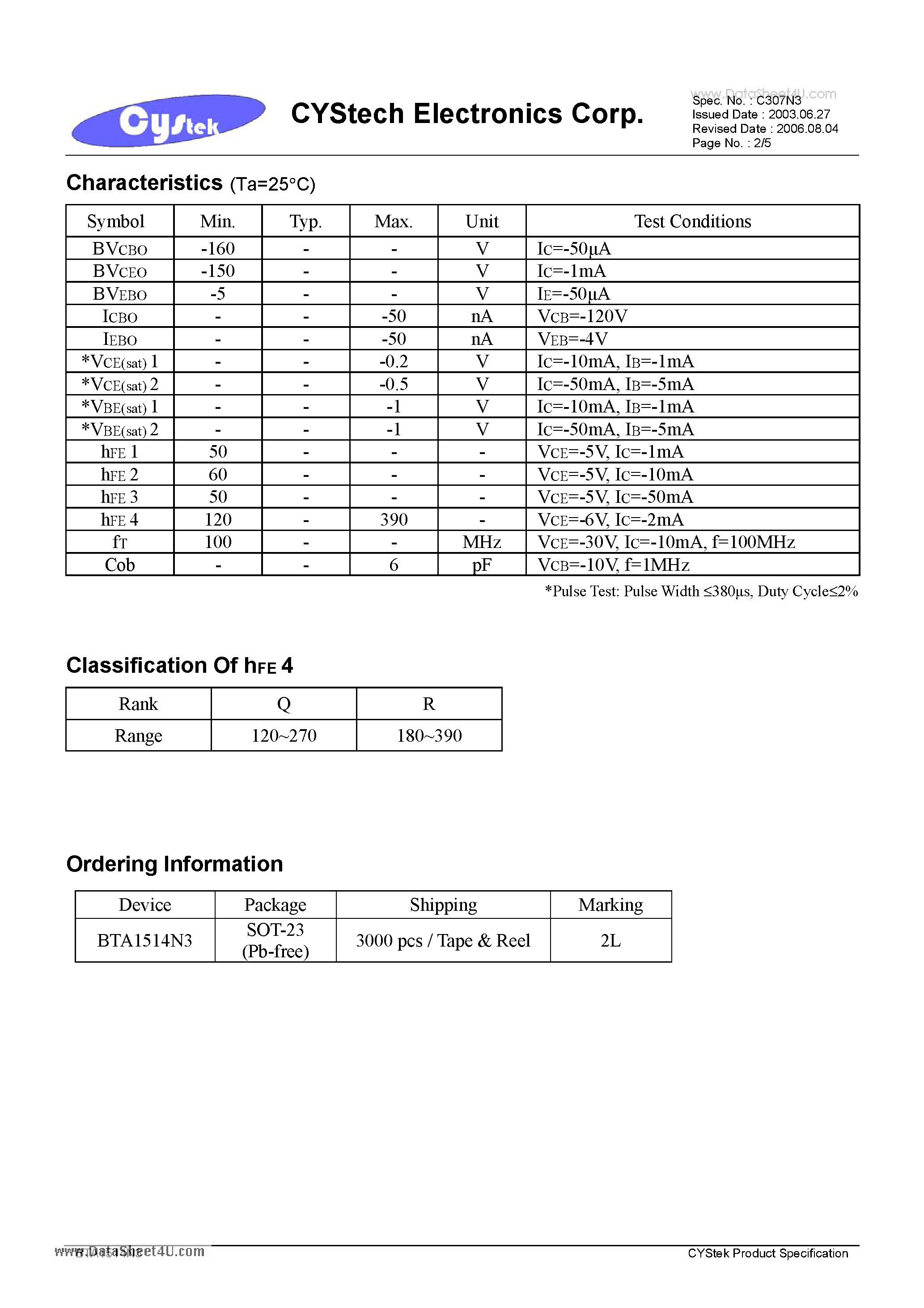 Даташит BTA1514N3 - General Purpose PNP Epitaxial Planar Transistor страница 2