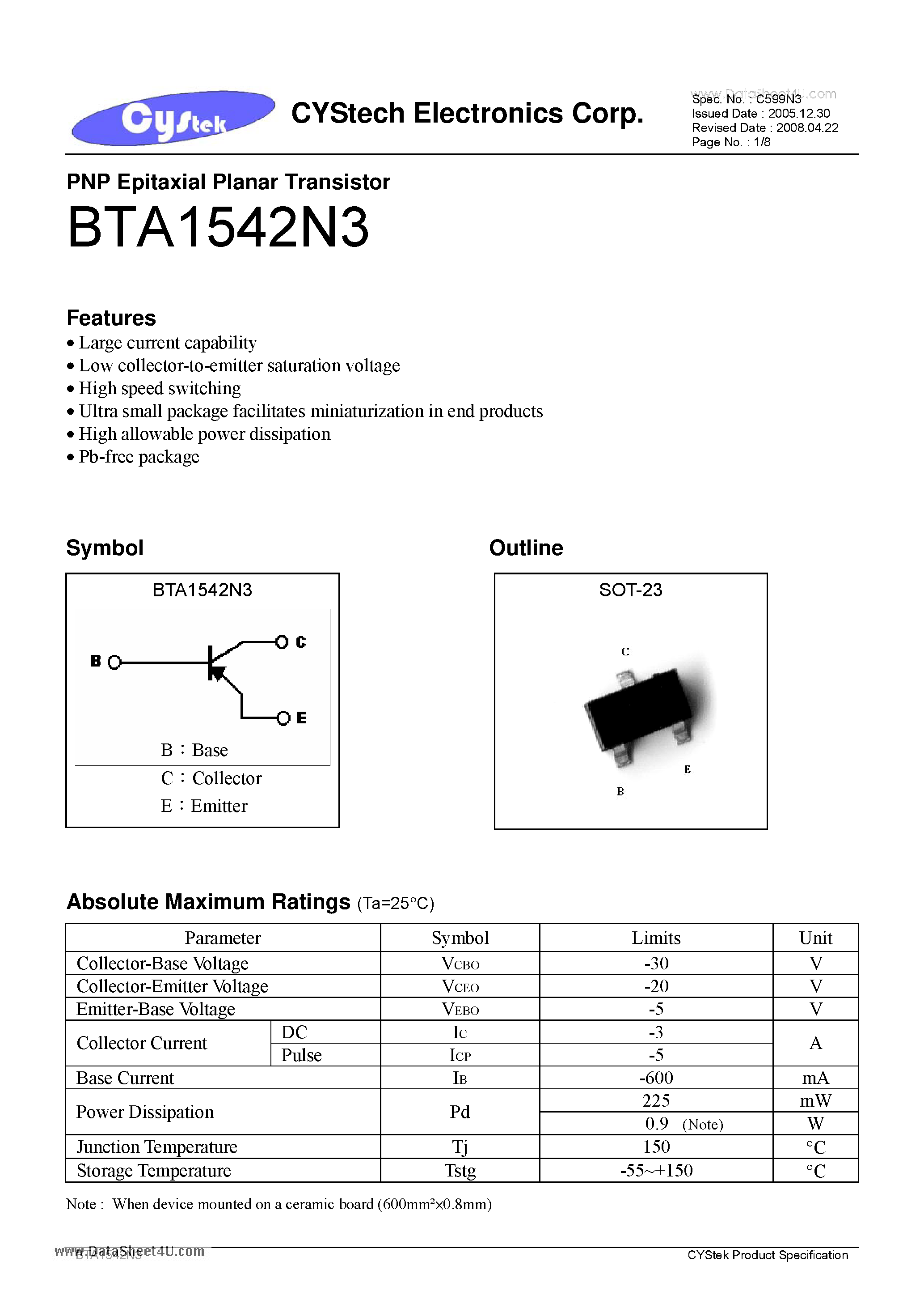 Даташит BTA1542N3 - PNP Epitaxial Planar Transistor страница 1