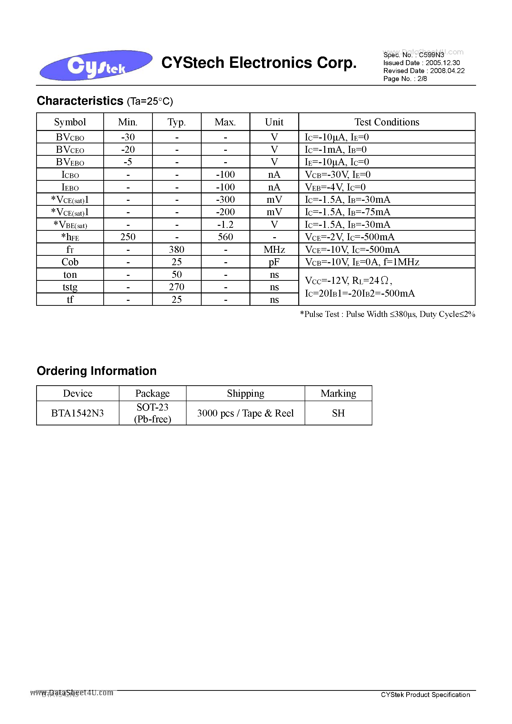 Даташит BTA1542N3 - PNP Epitaxial Planar Transistor страница 2