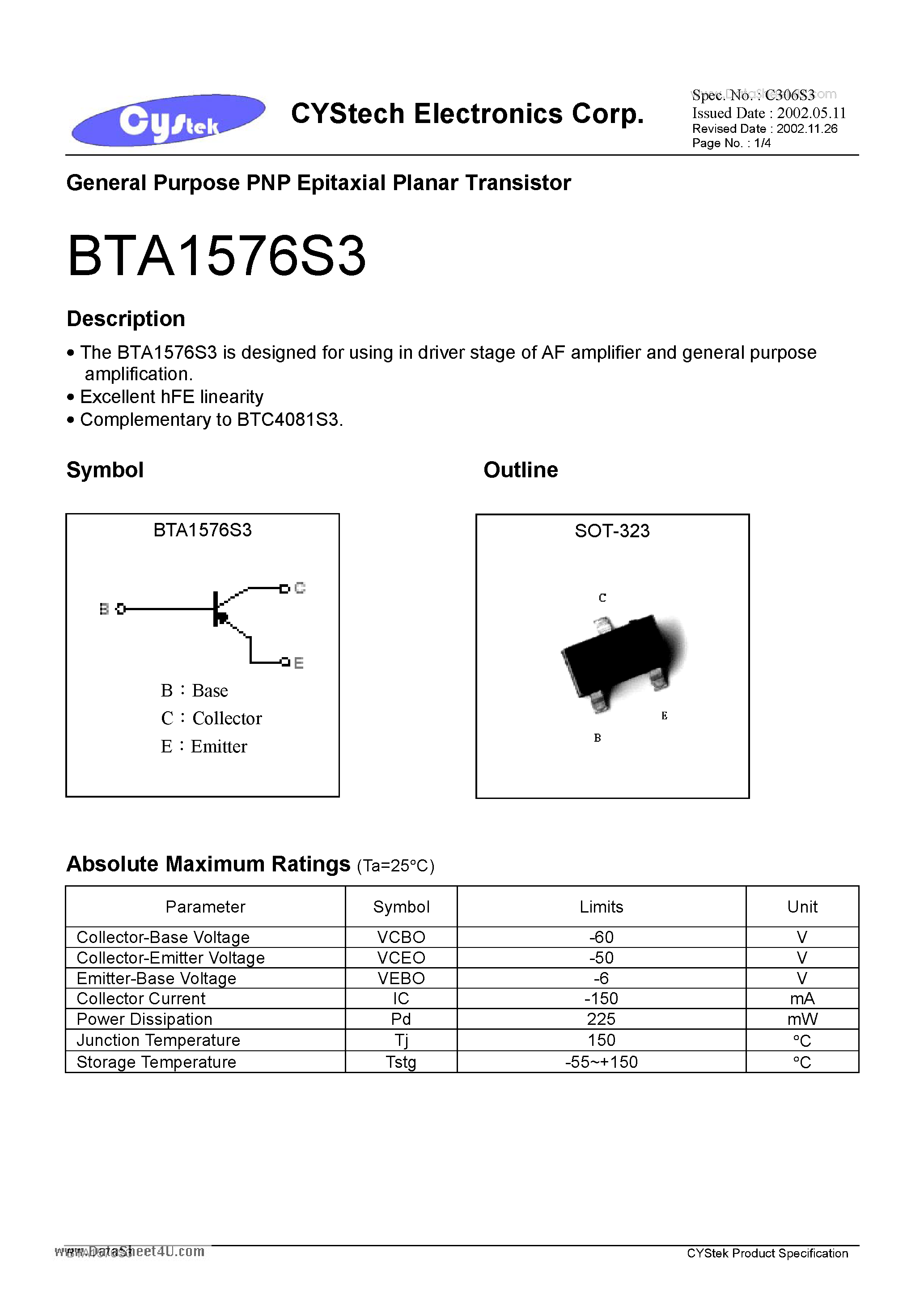 Даташит BTA1576S3 - General Purpose PNP Epitaxial Planar Transistor страница 1
