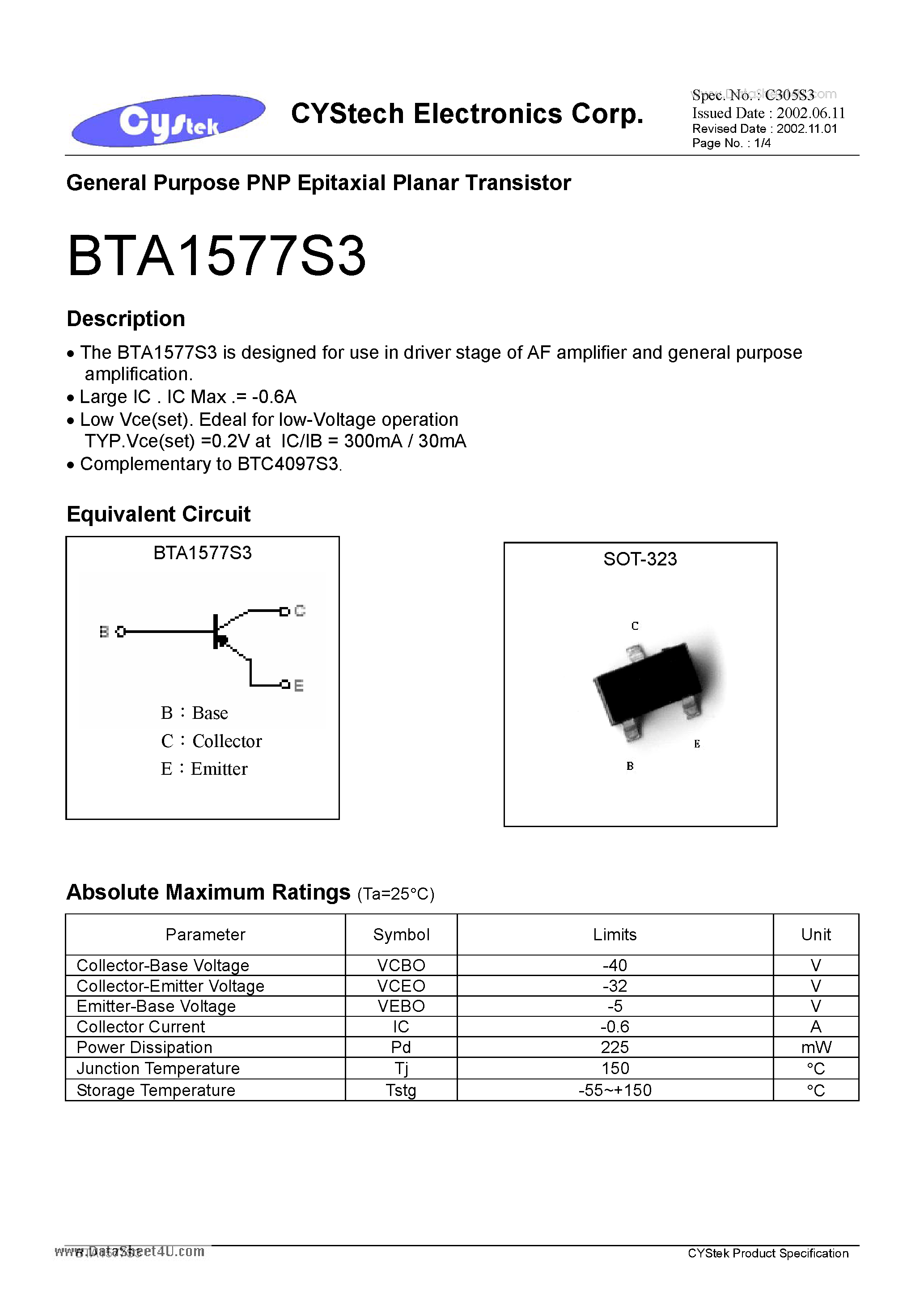 Даташит BTA1577S3 - General Purpose PNP Epitaxial Planar Transistor страница 1