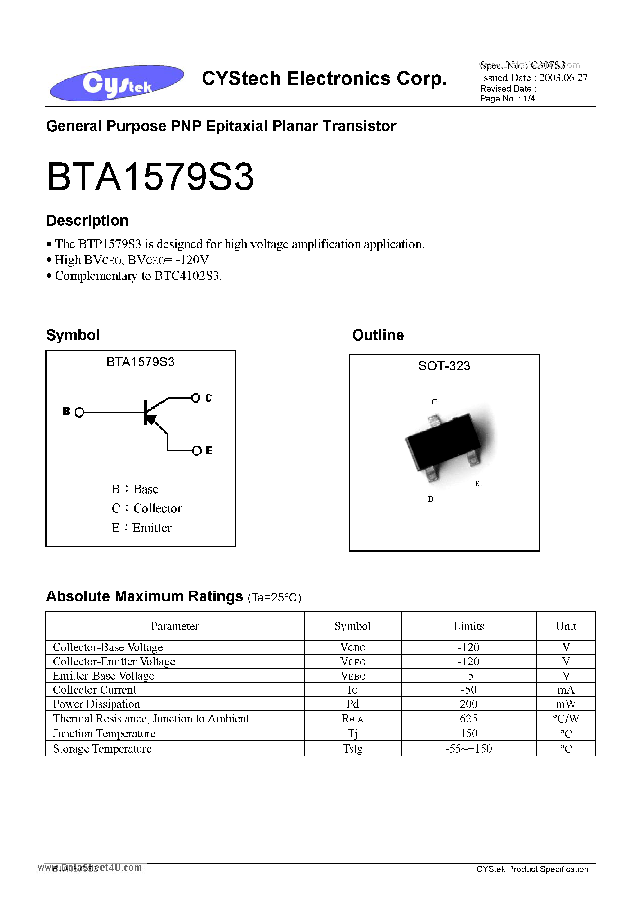 Даташит BTA1579S3 - General Purpose PNP Epitaxial Planar Transistor страница 1